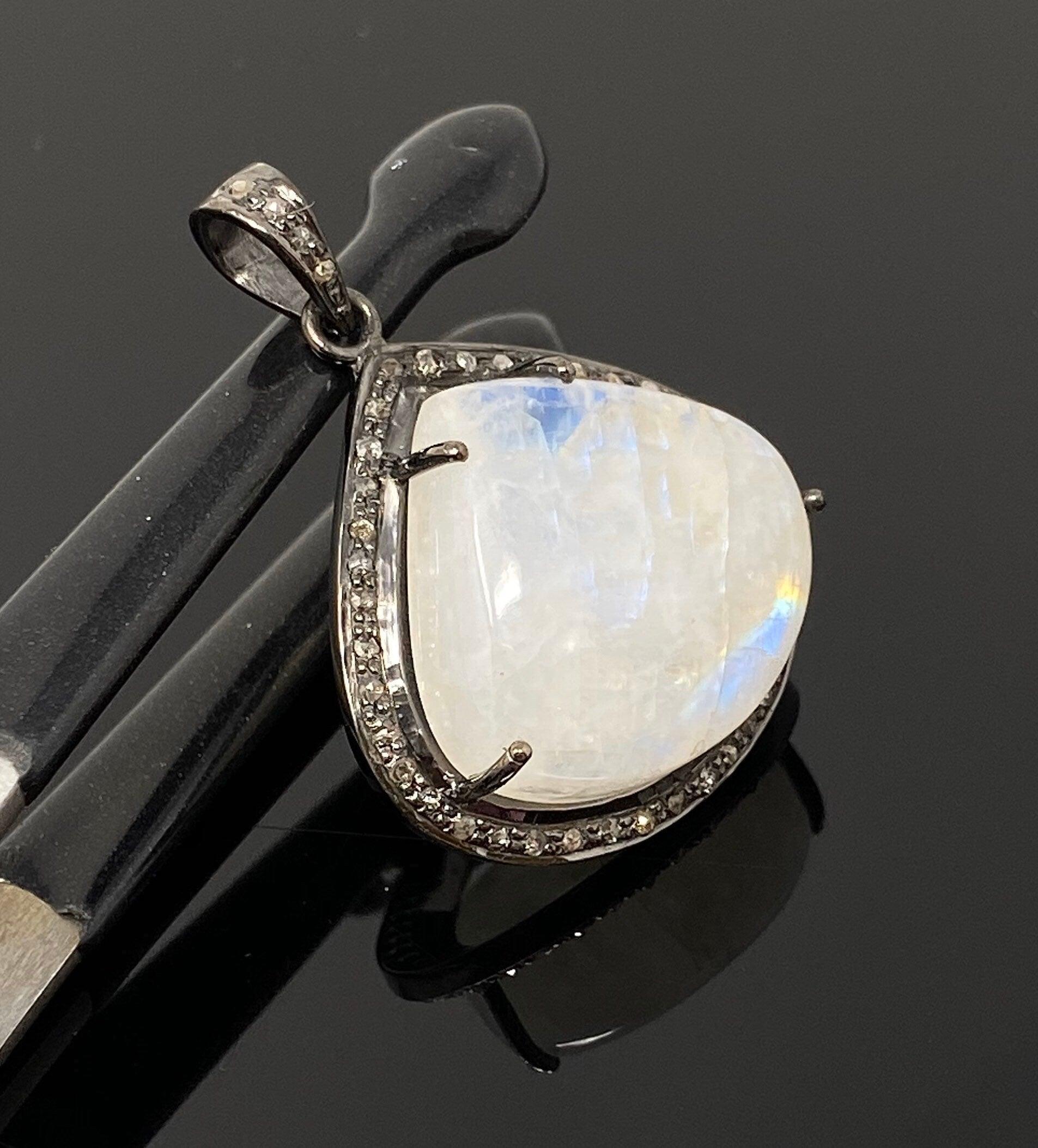 Moonstone Pendant, Gemstone Pendant, Diamond Pendant, Pave Diamond - VirtuousWares:Global