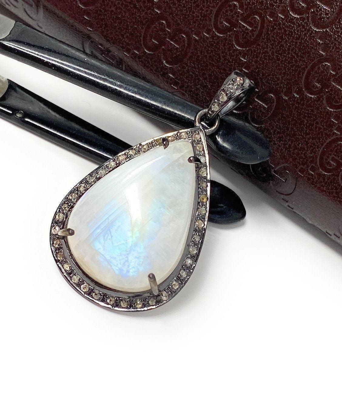 Moonstone Pendant, Gemstone Pendant, Diamond Pendant, Pave Diamond - VirtuousWares:Global
