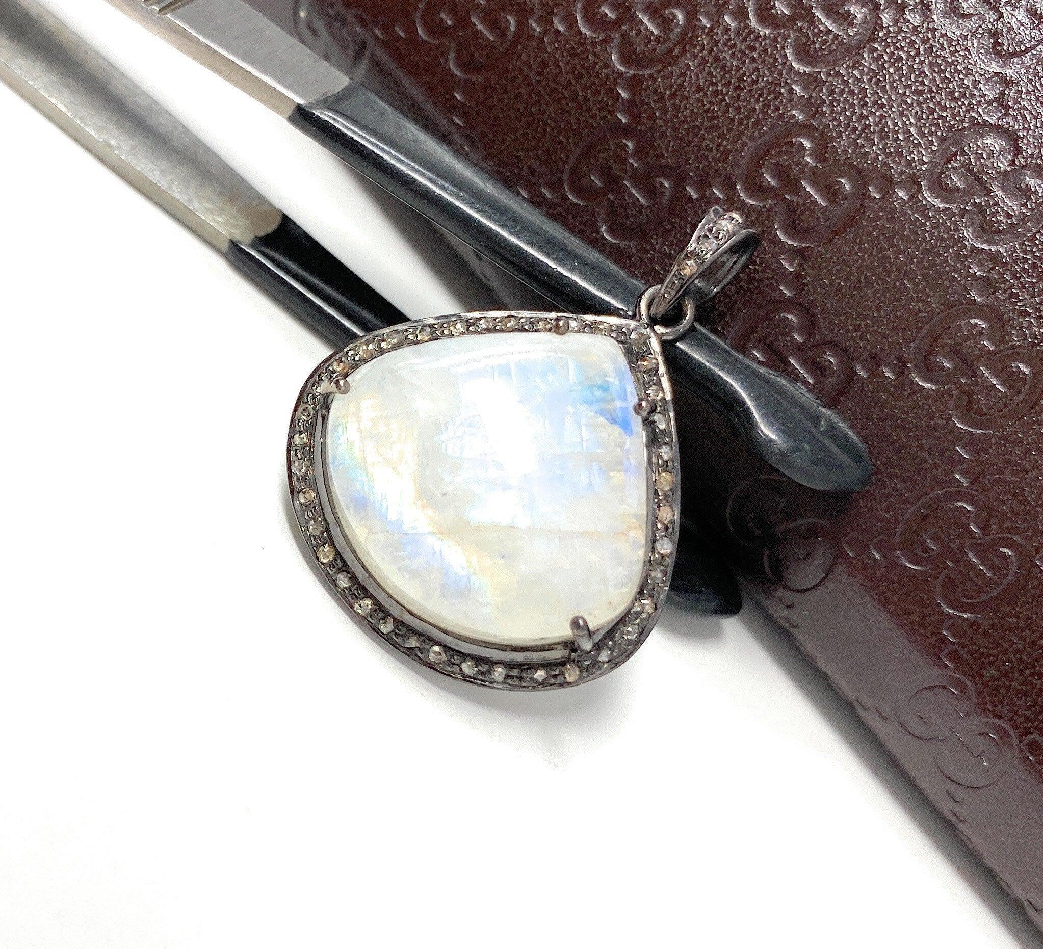 Moonstone Pendant, Gemstone Pendant, Diamond Pendant, Pave Diamond - VirtuousWares:Global