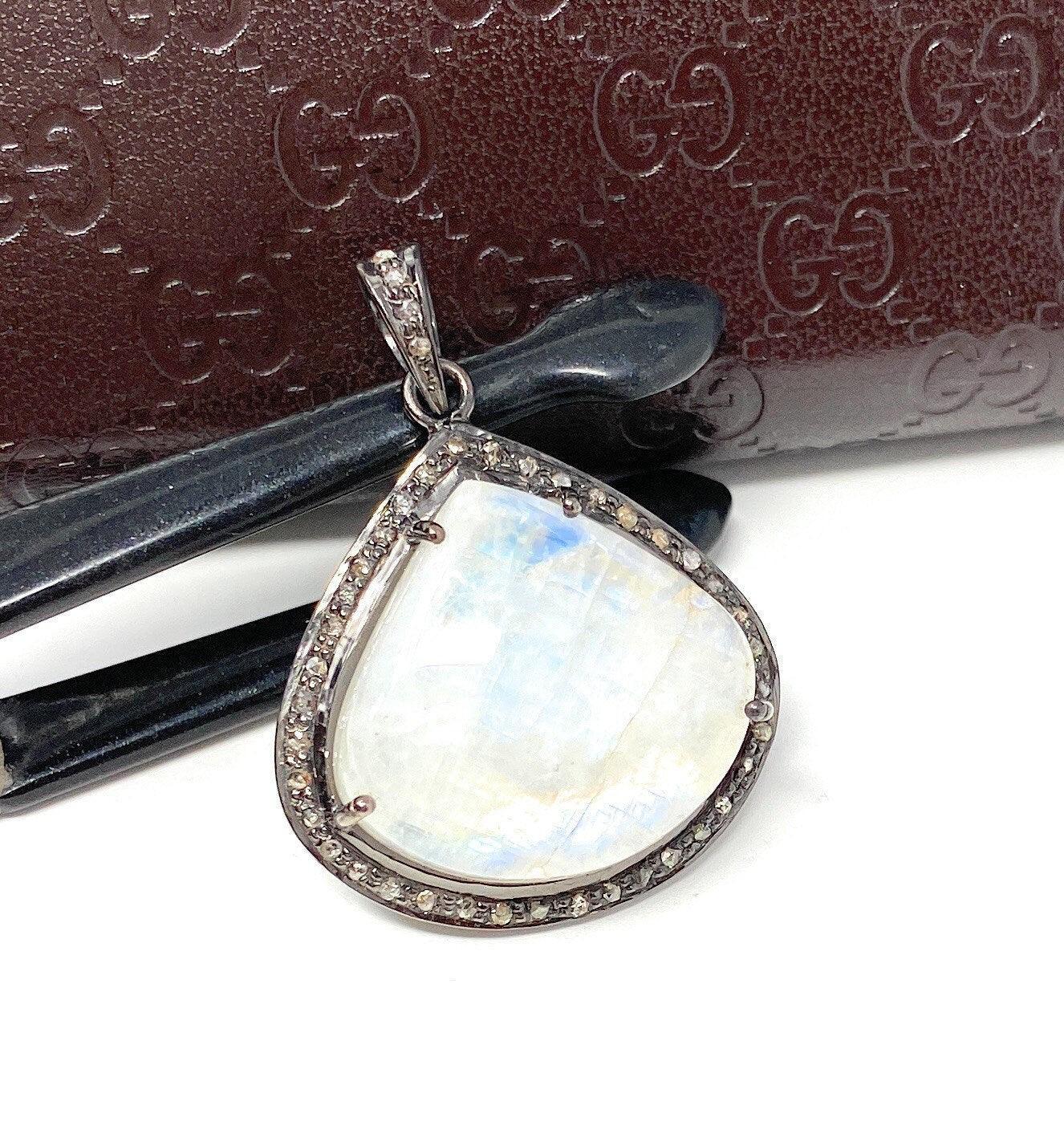 Moonstone Pendant, Gemstone Pendant, Diamond Pendant, Pave Diamond - VirtuousWares:Global