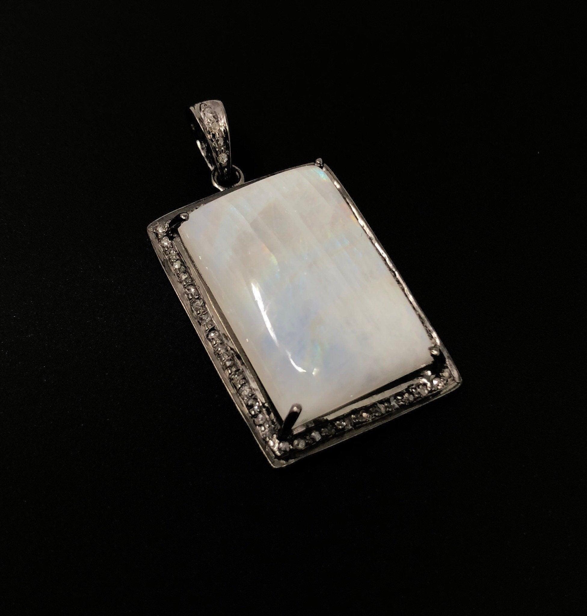 Moonstone Pendant, Gemstone Pendant, Diamond Pendant, Silver Pendant, - VirtuousWares:Global