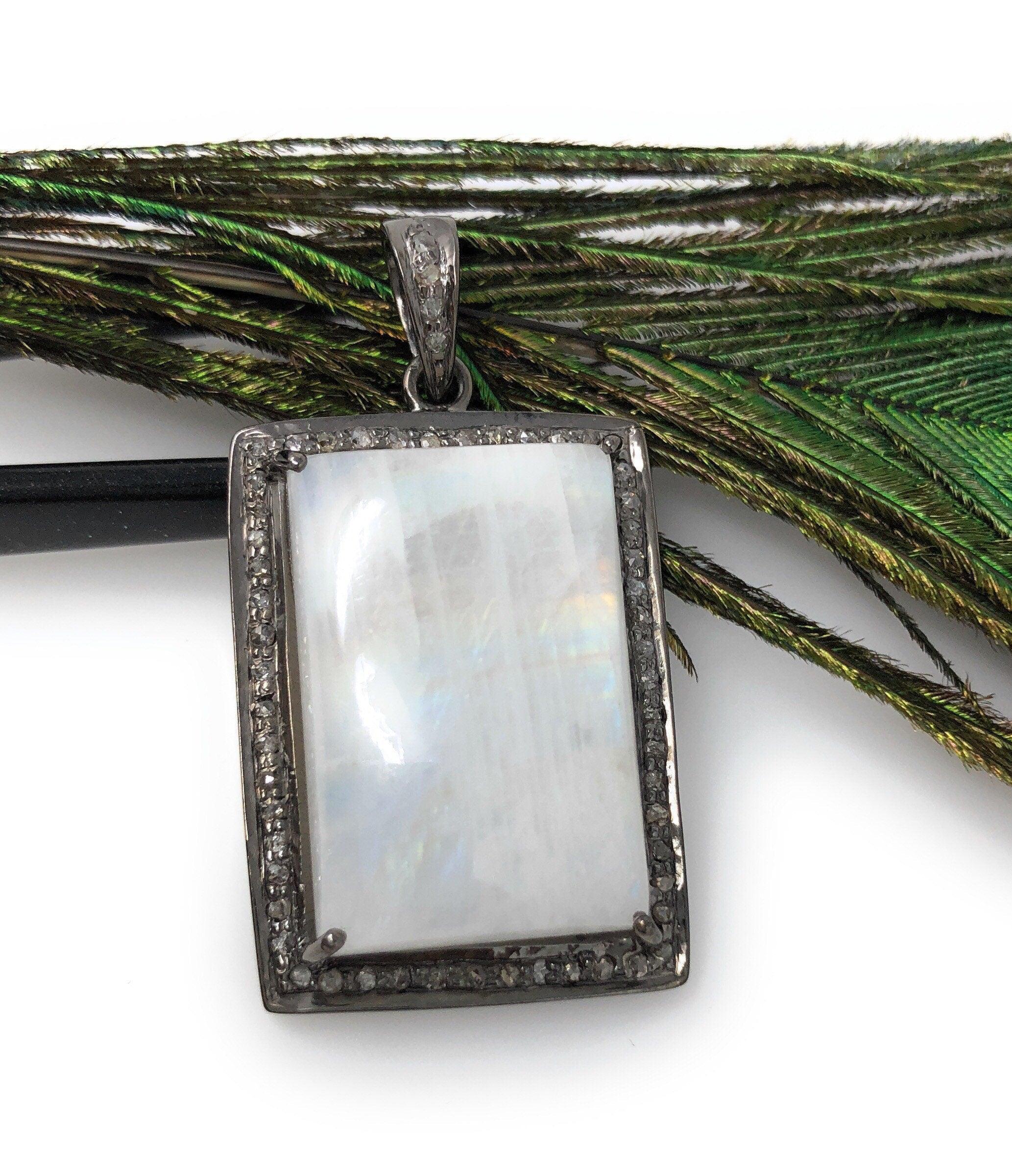 Moonstone Pendant, Gemstone Pendant, Diamond Pendant, Silver Pendant, - VirtuousWares:Global