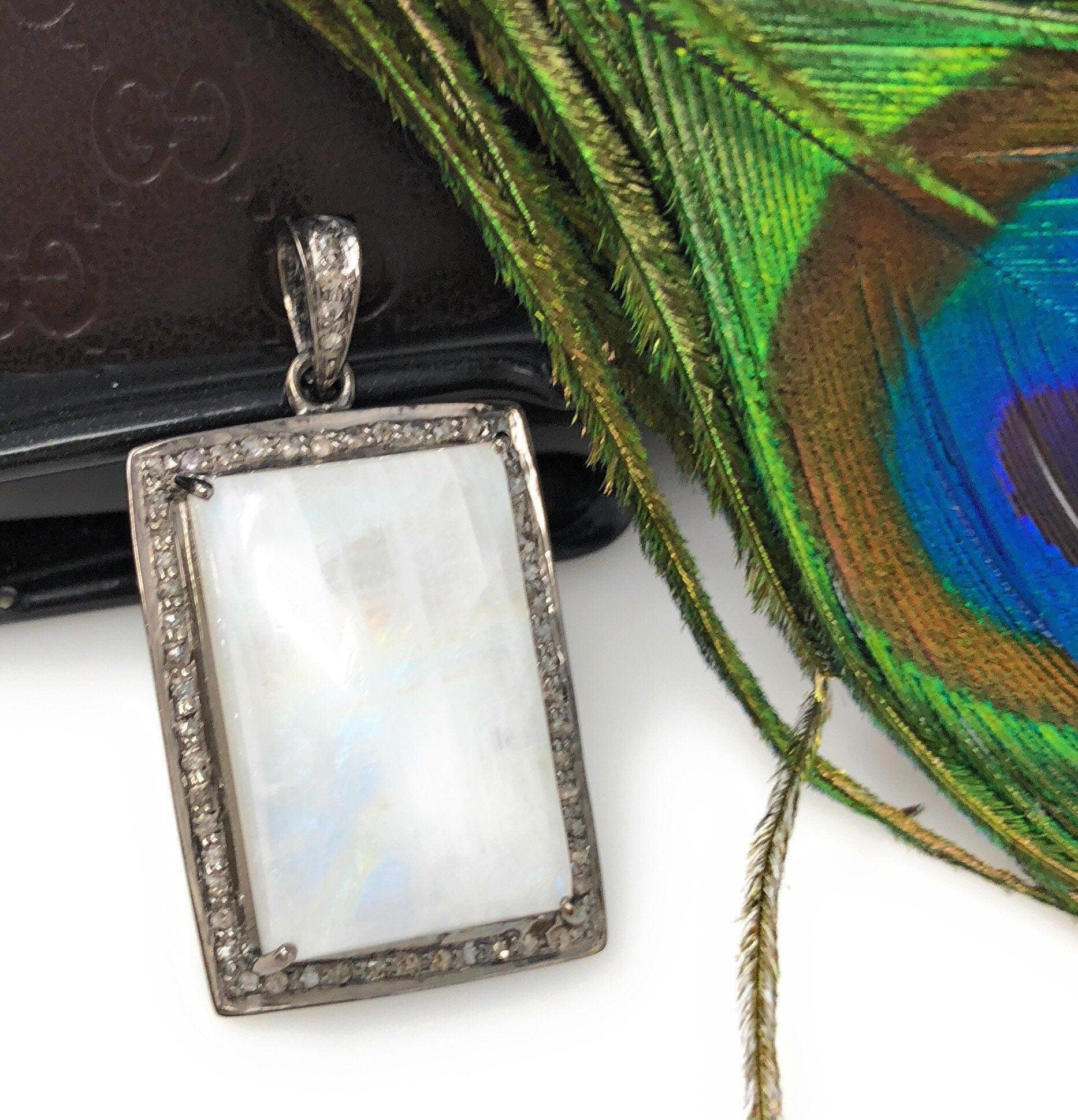 Moonstone Pendant, Gemstone Pendant, Diamond Pendant, Silver Pendant, - VirtuousWares:Global