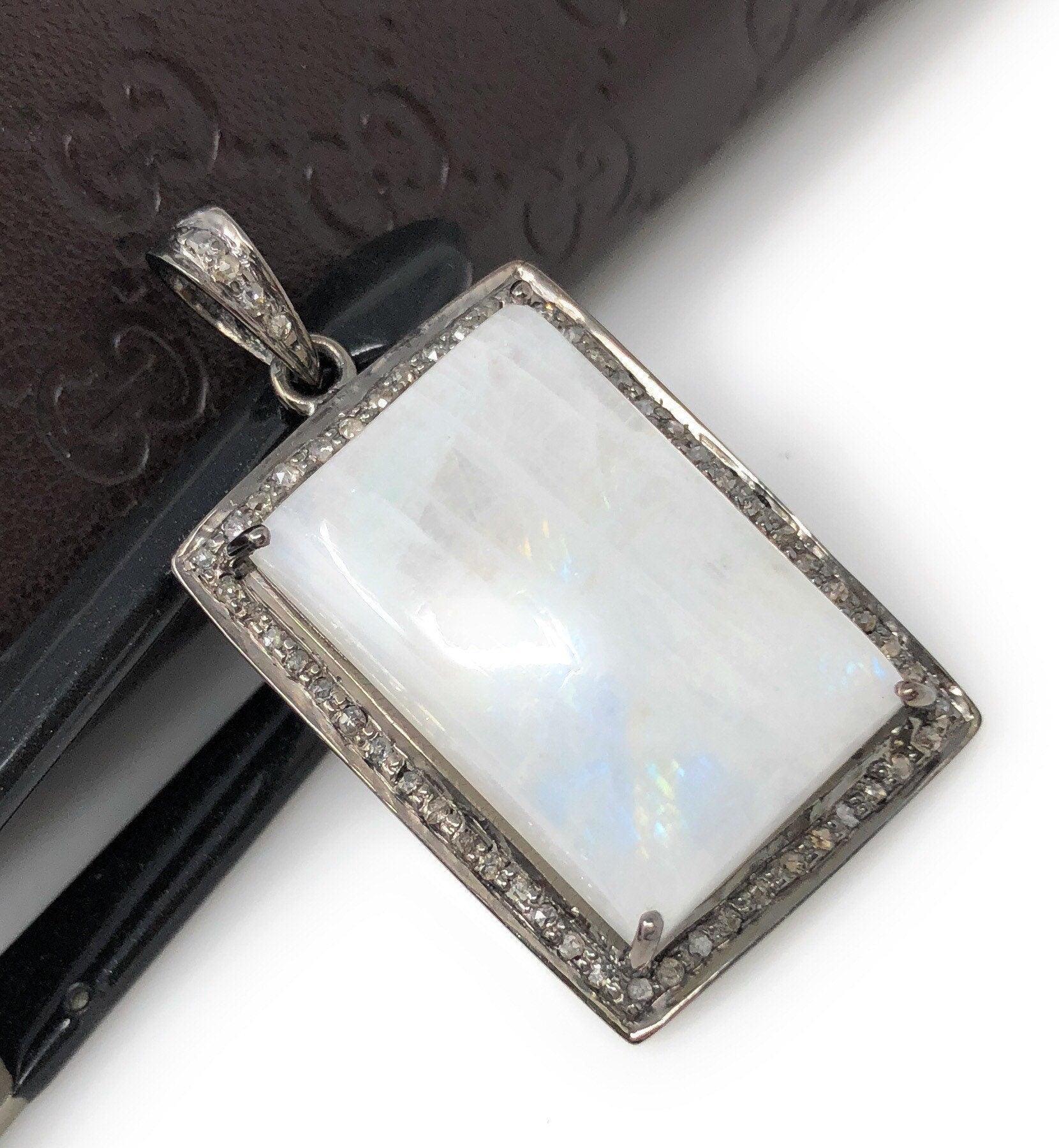 Moonstone Pendant, Gemstone Pendant, Diamond Pendant, Silver Pendant, - VirtuousWares:Global