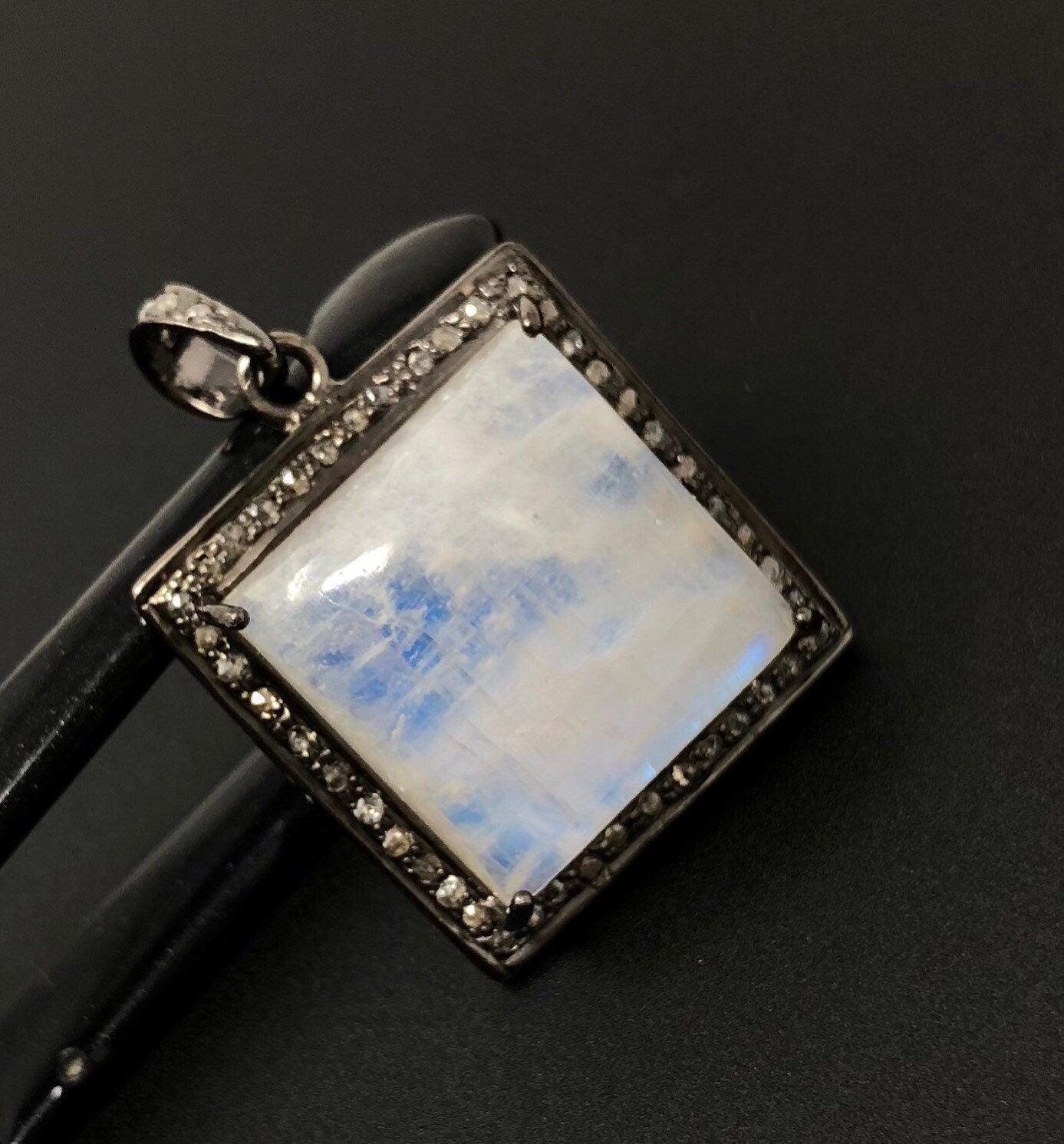 Moonstone Pendant, Gemstone Pendant, Diamond Pendant, Silver Pendant, - VirtuousWares:Global
