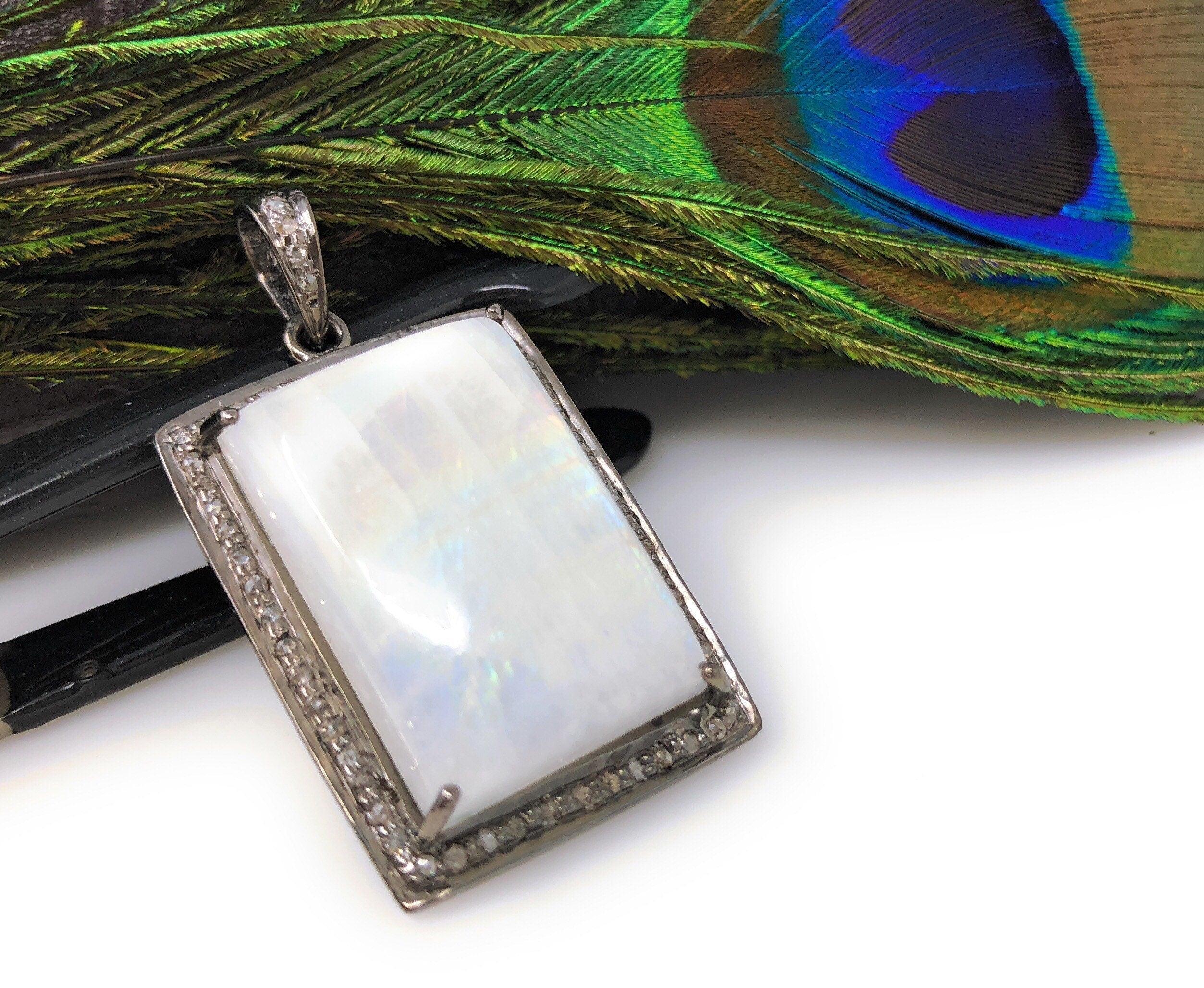 Moonstone Pendant, Gemstone Pendant, Diamond Pendant, Silver Pendant, - VirtuousWares:Global