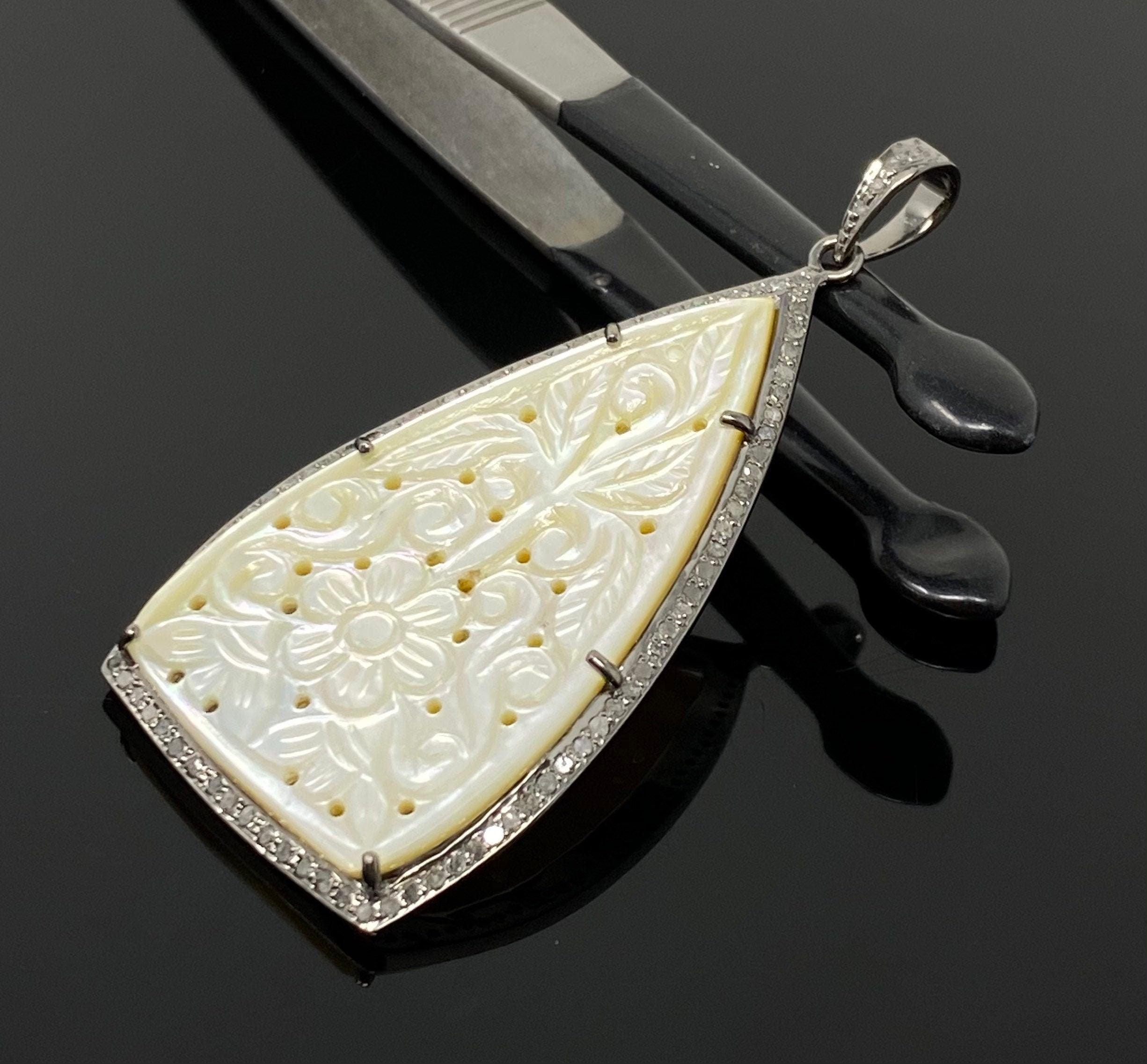 Mother of Pearl Pave Diamond Pendant, Natural Gemstone Pendant, Nacre - VirtuousWares:Global