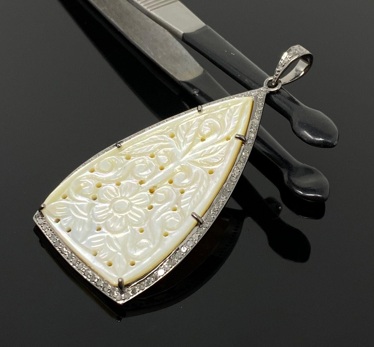 Mother of Pearl Pave Diamond Pendant, Natural Gemstone Pendant, Nacre - VirtuousWares:Global