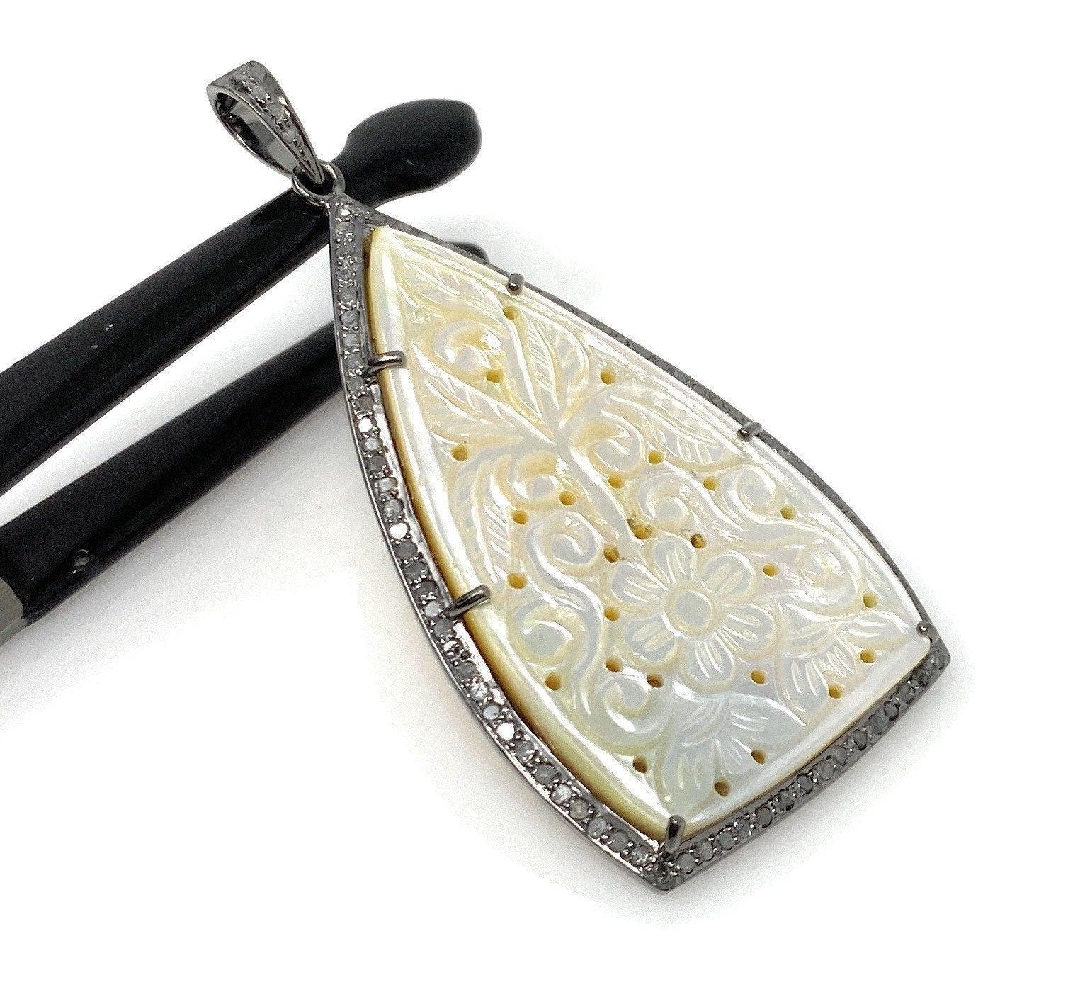 Mother of Pearl Pave Diamond Pendant, Natural Gemstone Pendant, Nacre - VirtuousWares:Global