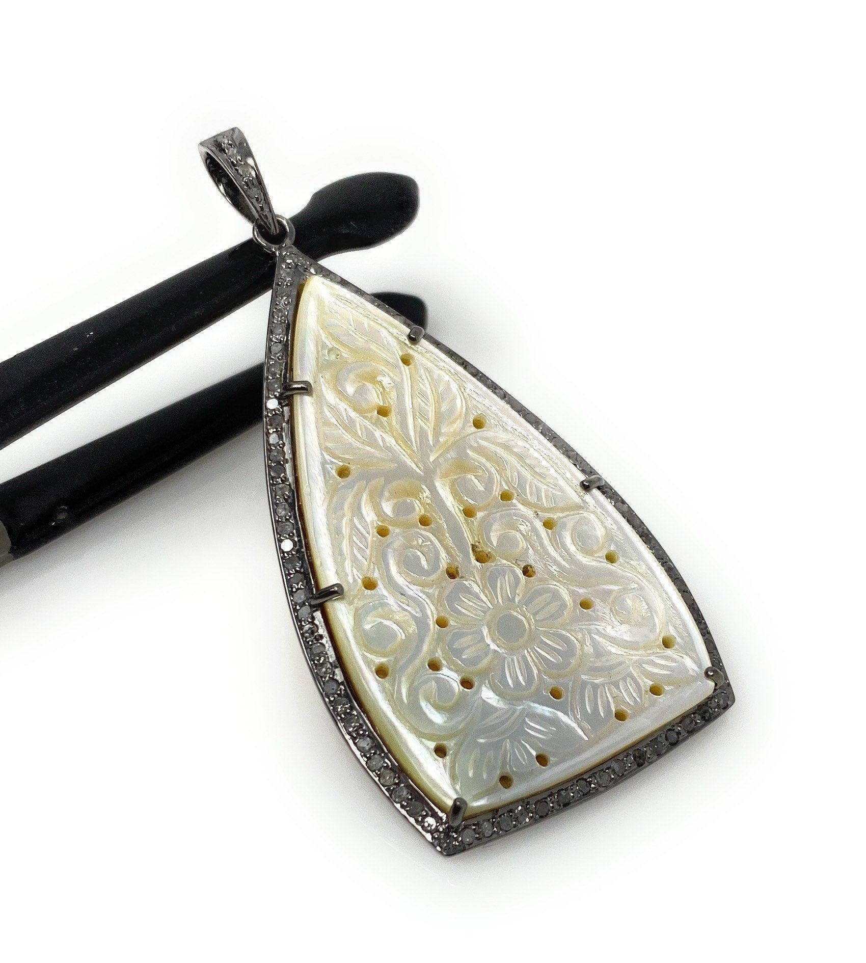 Mother of Pearl Pave Diamond Pendant, Natural Gemstone Pendant, Nacre - VirtuousWares:Global