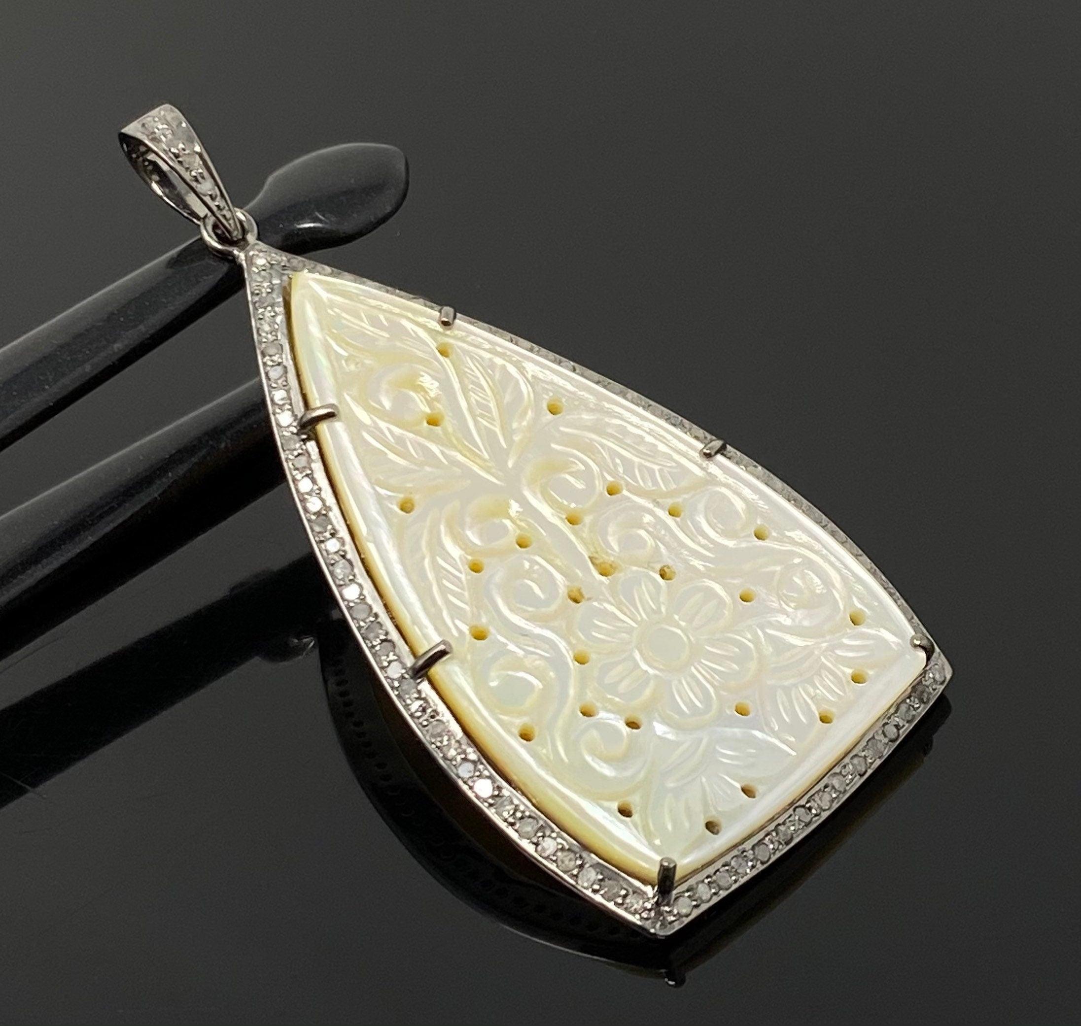 Mother of Pearl Pave Diamond Pendant, Natural Gemstone Pendant, Nacre - VirtuousWares:Global