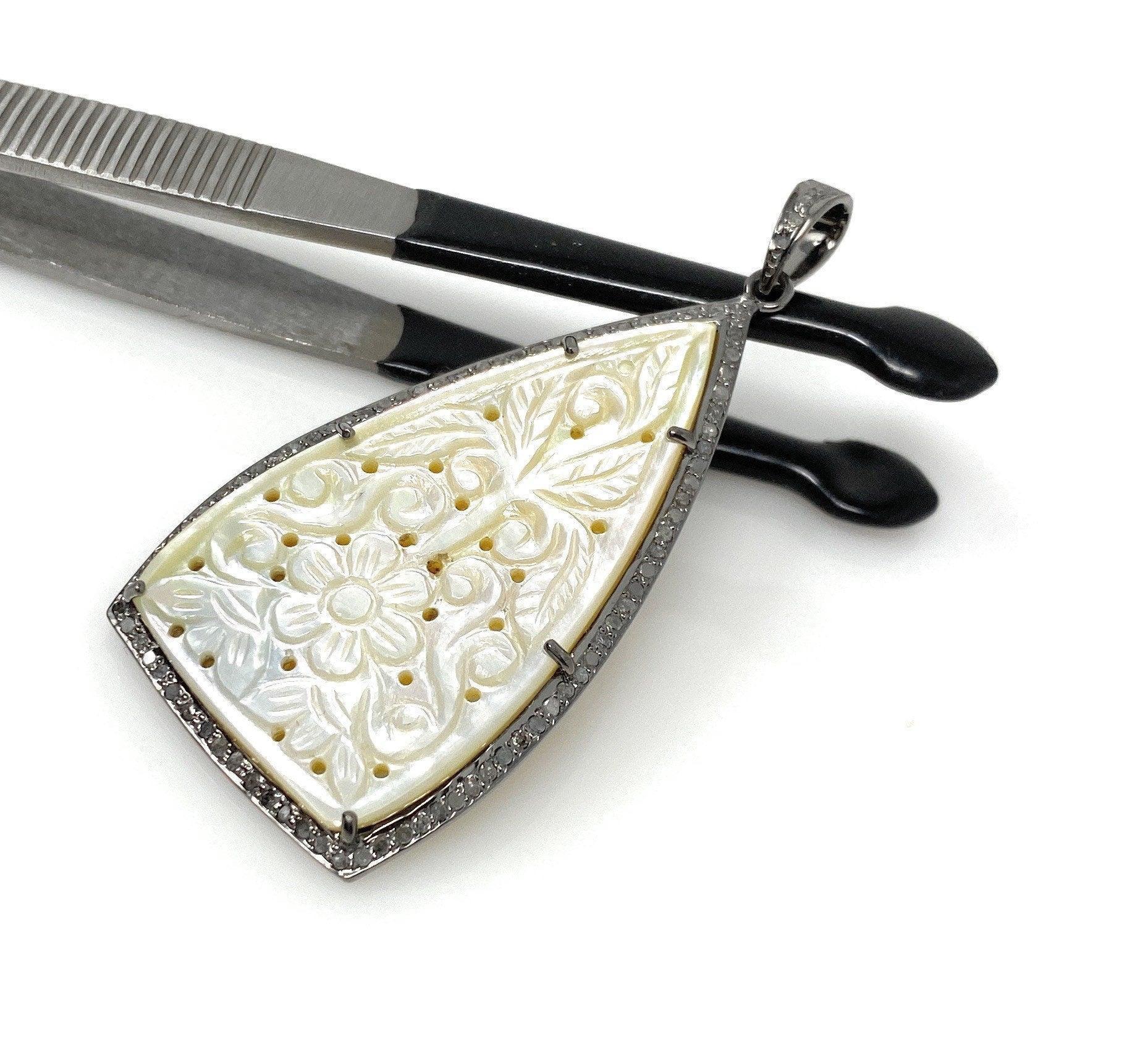Mother of Pearl Pave Diamond Pendant, Natural Gemstone Pendant, Nacre - VirtuousWares:Global