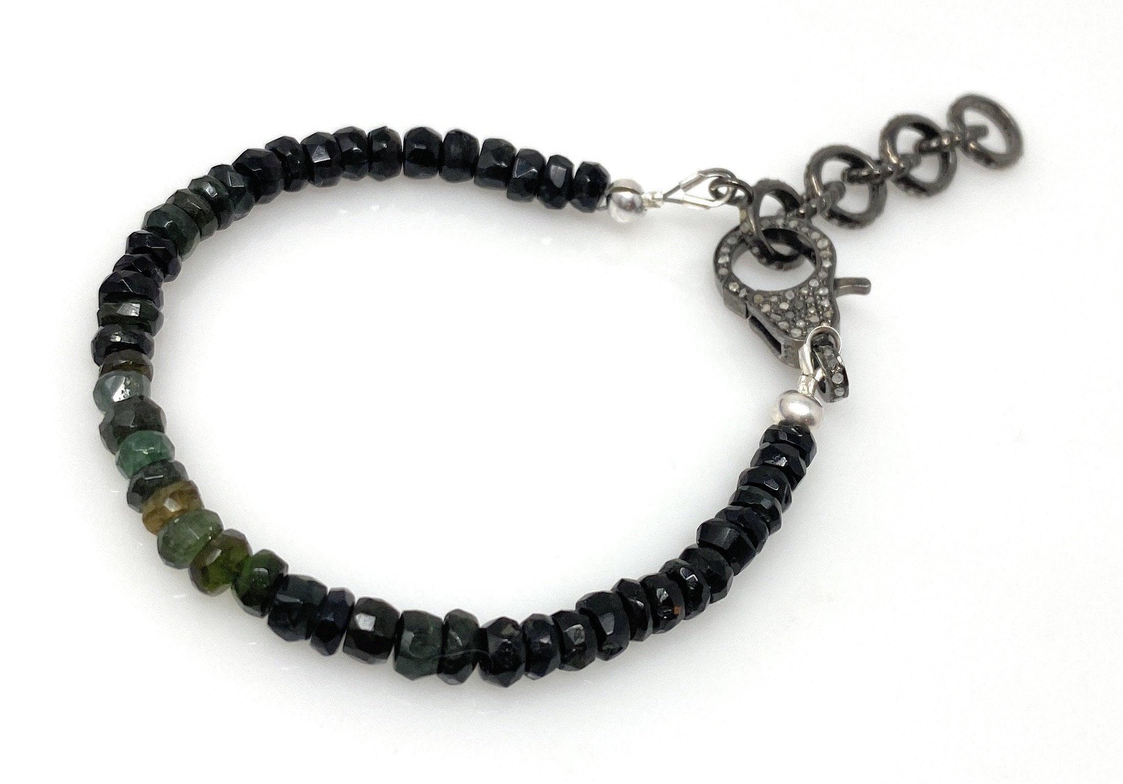 Natural Black Tourmaline Gemstone Bracelet, Pave Diamond Adjustable - VirtuousWares:Global