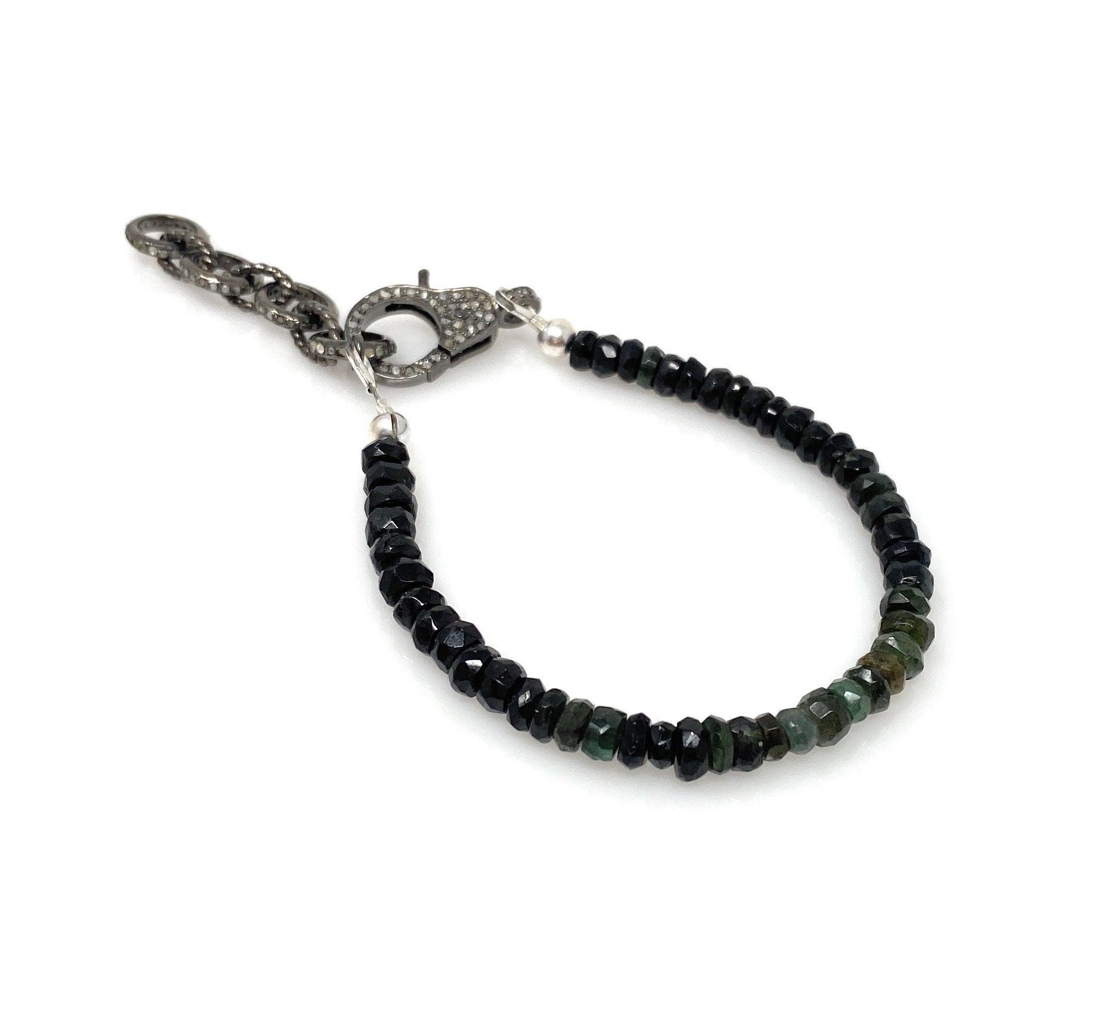 Natural Black Tourmaline Gemstone Bracelet, Pave Diamond Adjustable - VirtuousWares:Global