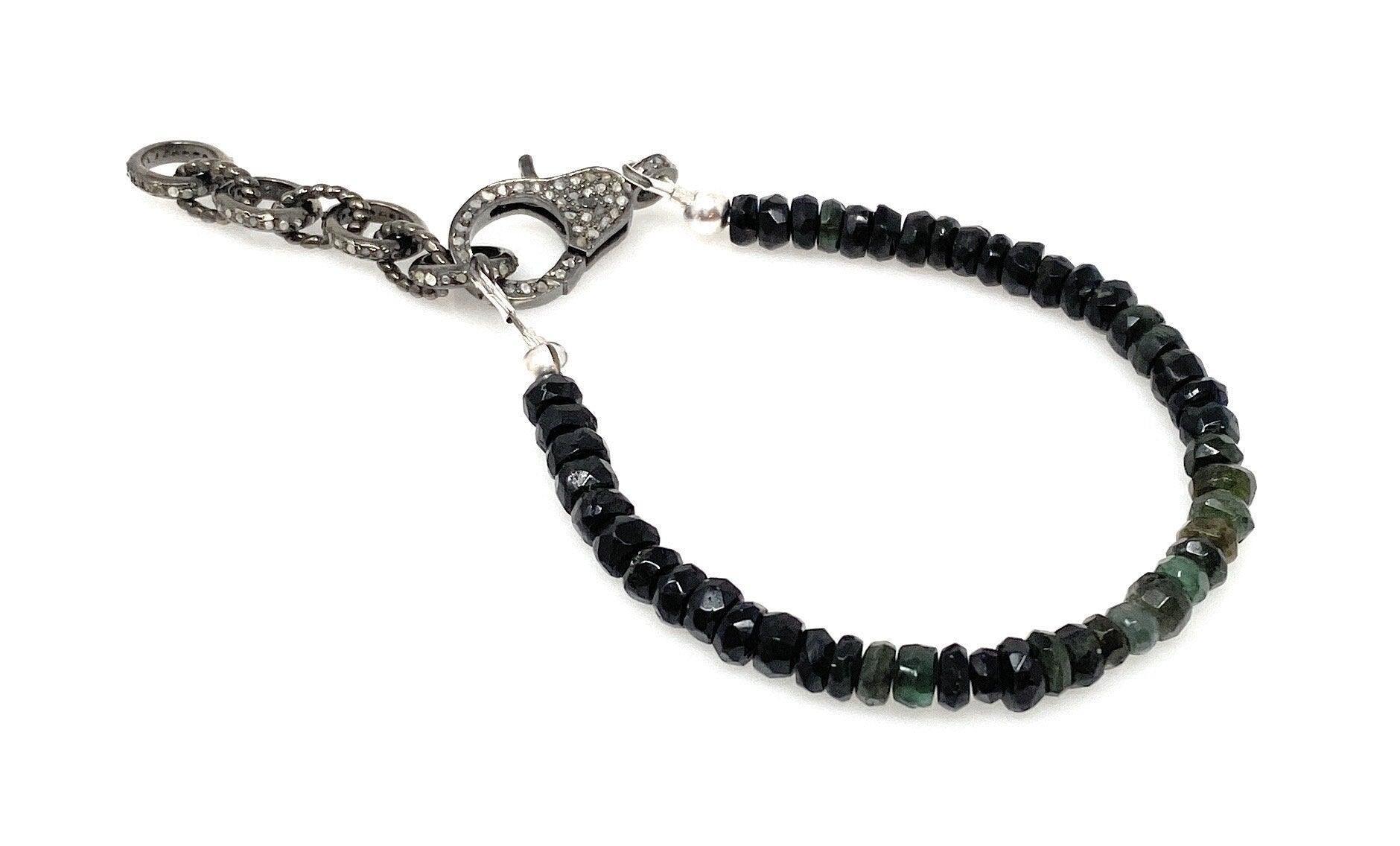 Natural Black Tourmaline Gemstone Bracelet, Pave Diamond Adjustable - VirtuousWares:Global