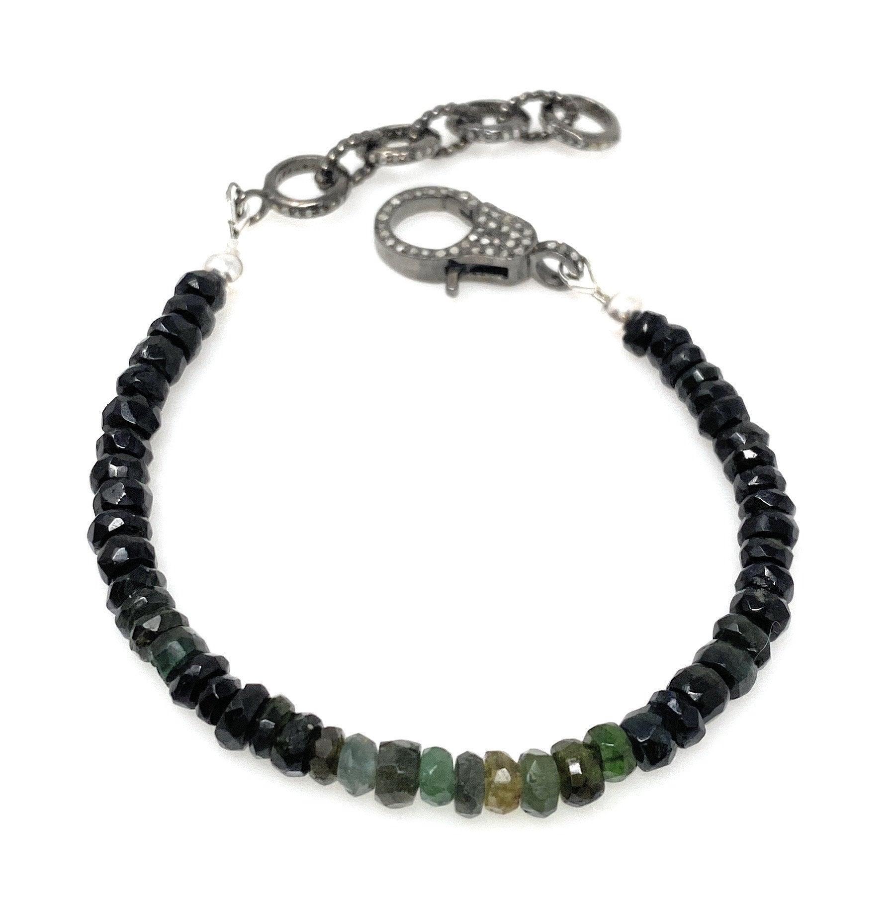 Natural Black Tourmaline Gemstone Bracelet, Pave Diamond Adjustable - VirtuousWares:Global
