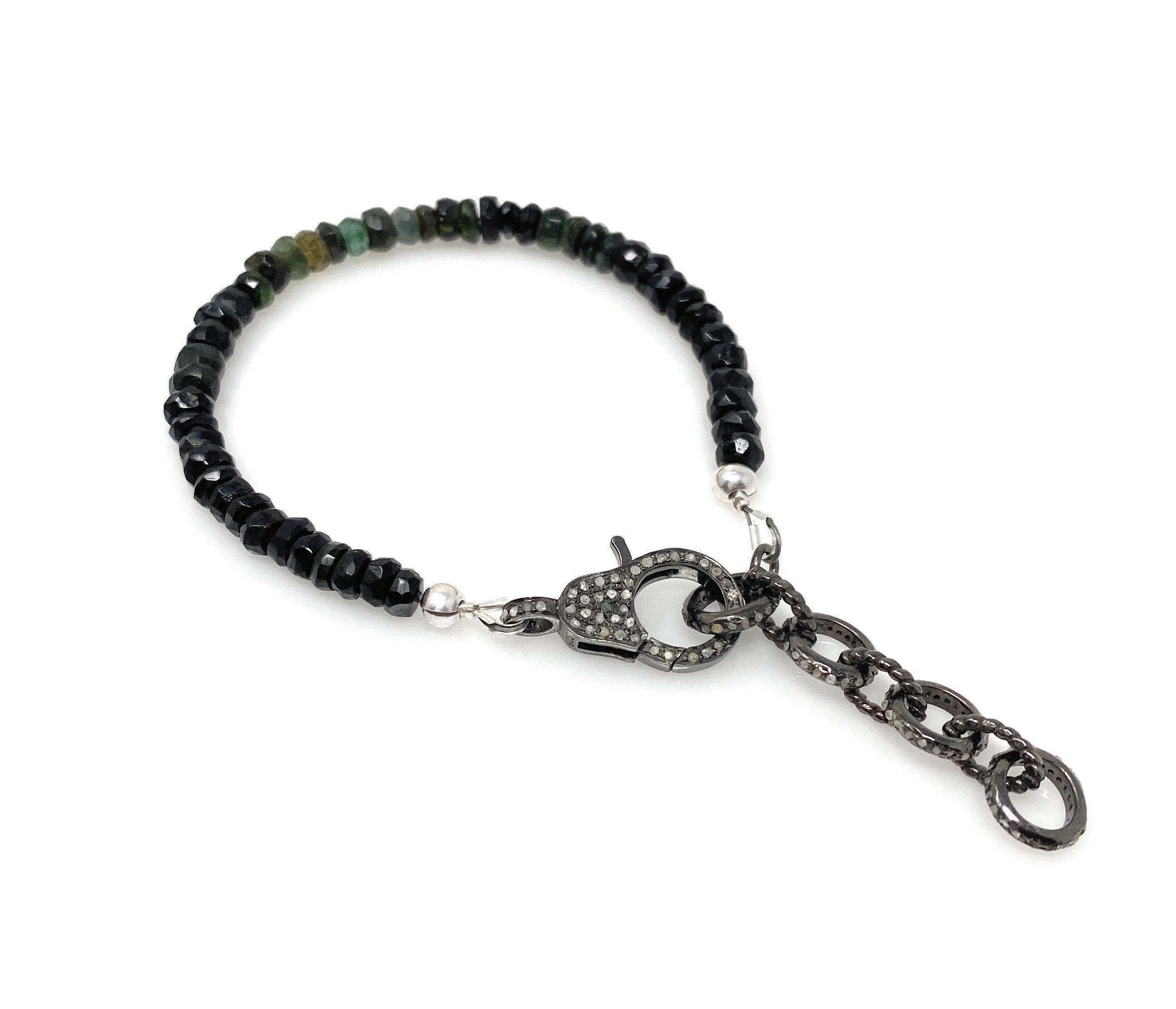 Natural Black Tourmaline Gemstone Bracelet, Pave Diamond Adjustable - VirtuousWares:Global
