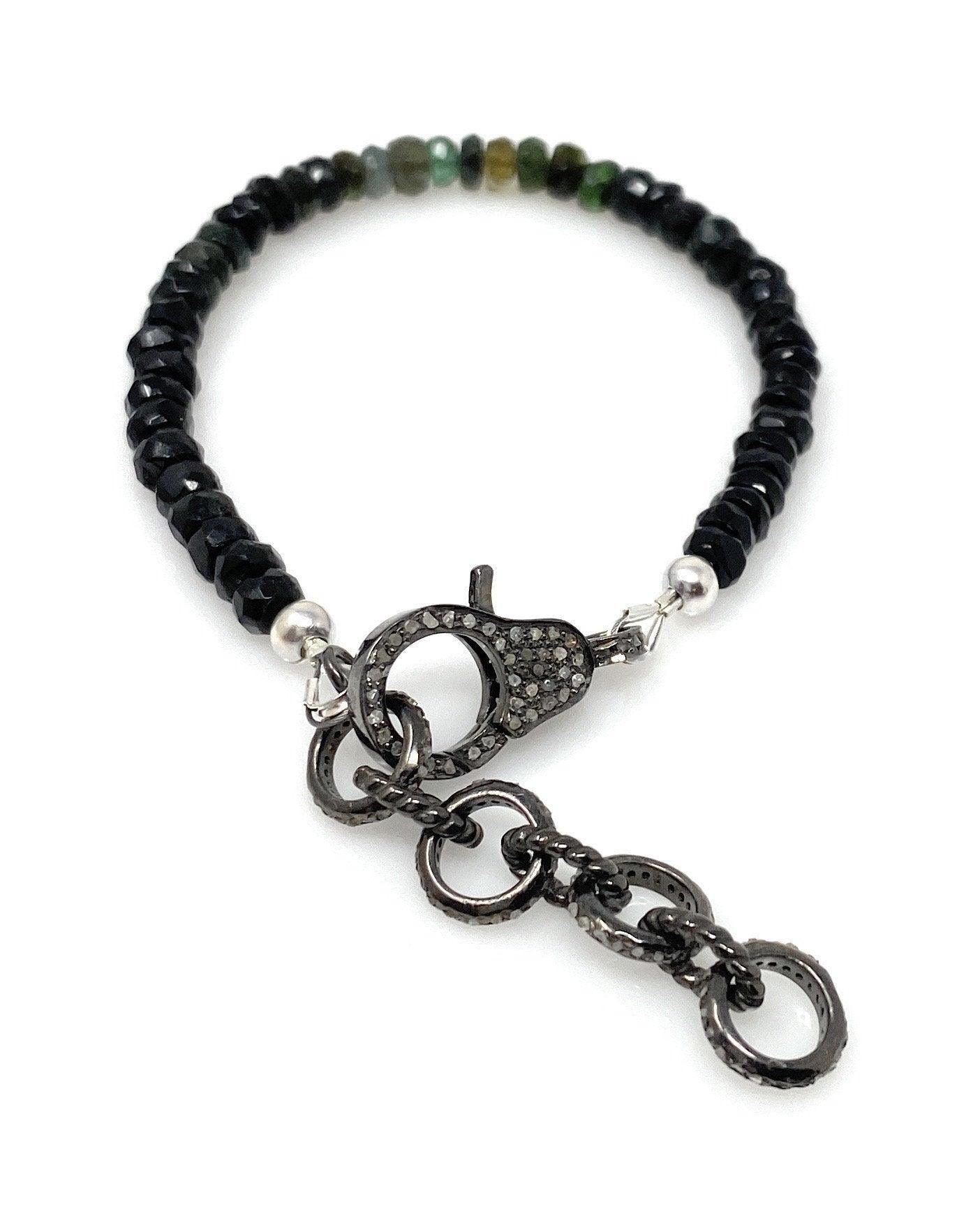 Natural Black Tourmaline Gemstone Bracelet, Pave Diamond Adjustable - VirtuousWares:Global