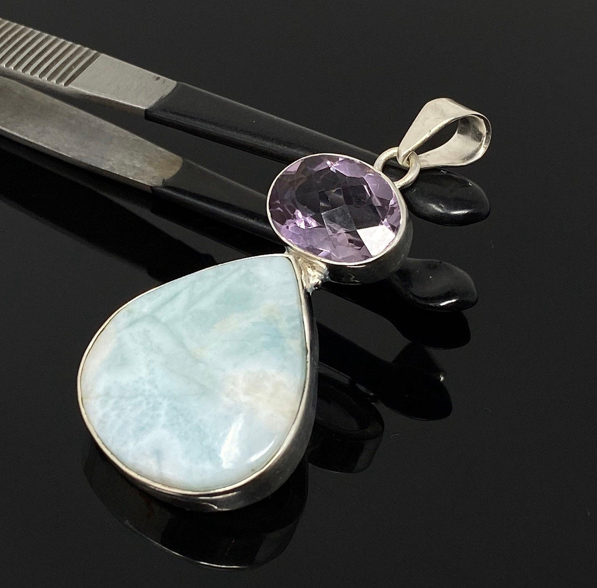 Natural Larimar and Amethyst Gemstone Pendant, Sterling Silver Jewelry - VirtuousWares:Global