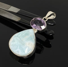 Natural Larimar and Amethyst Gemstone Pendant, Sterling Silver Jewelry - VirtuousWares:Global