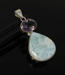 Natural Larimar and Amethyst Gemstone Pendant, Sterling Silver Jewelry - VirtuousWares:Global