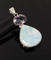 Natural Larimar and Amethyst Gemstone Pendant, Sterling Silver Jewelry - VirtuousWares:Global
