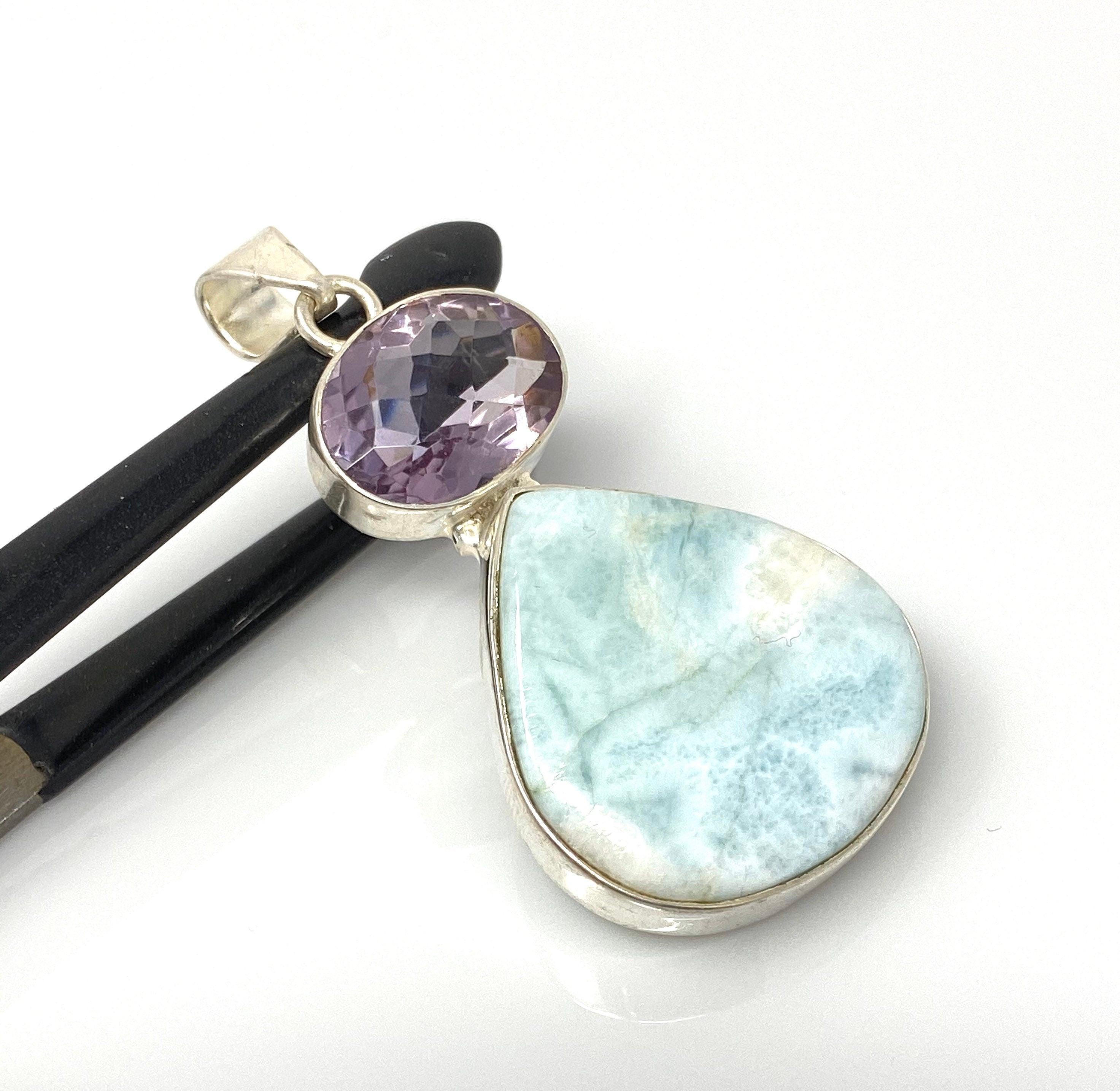 Natural Larimar and Amethyst Gemstone Pendant, Sterling Silver Jewelry - VirtuousWares:Global