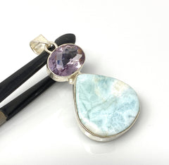 Natural Larimar and Amethyst Gemstone Pendant, Sterling Silver Jewelry - VirtuousWares:Global