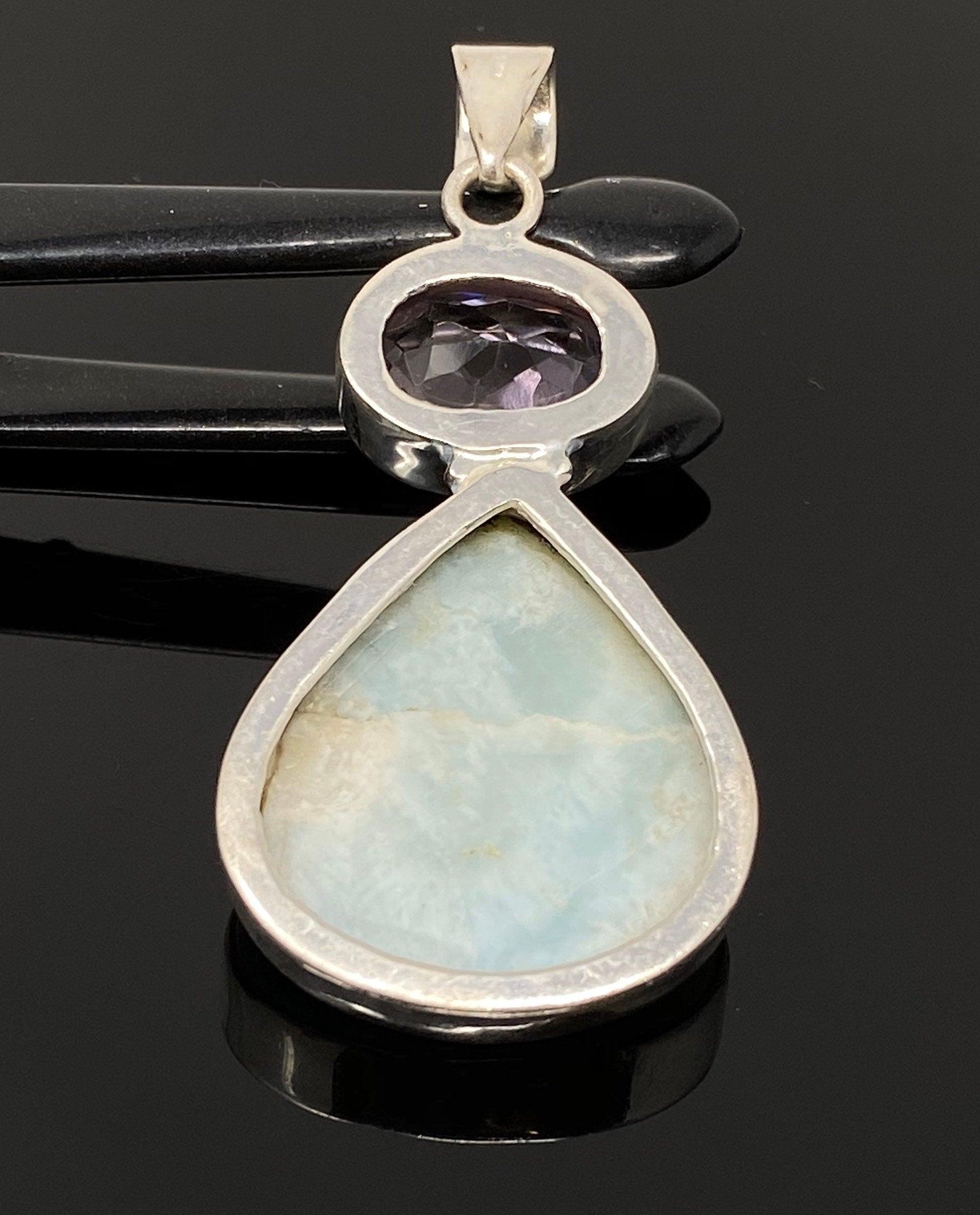 Natural Larimar and Amethyst Gemstone Pendant, Sterling Silver Jewelry - VirtuousWares:Global