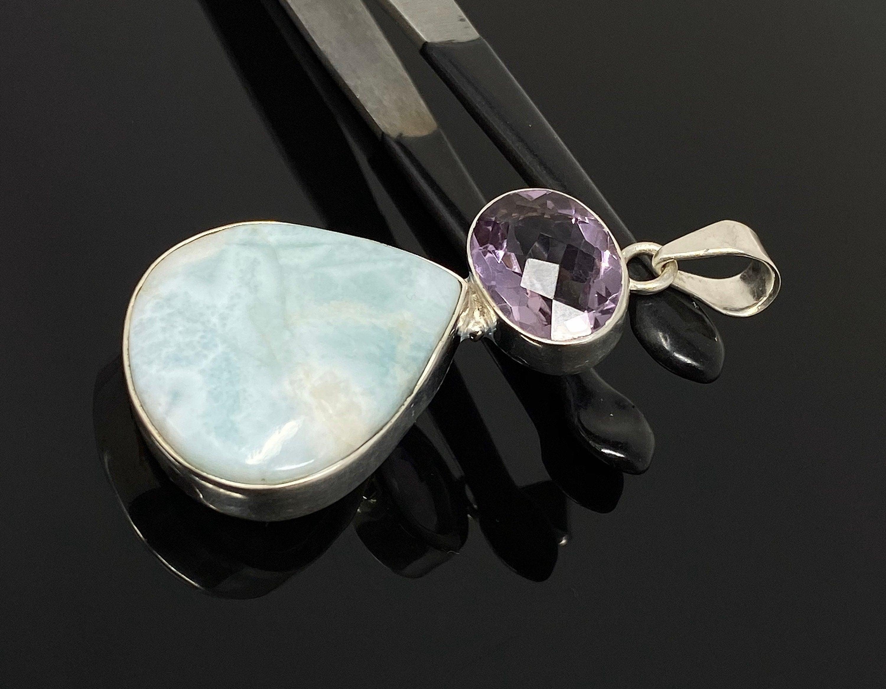 Natural Larimar and Amethyst Gemstone Pendant, Sterling Silver Jewelry - VirtuousWares:Global