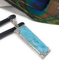 Natural Larimar Gemstone Diamond Pendant, Sterling Silver Jewelry, - VirtuousWares:Global