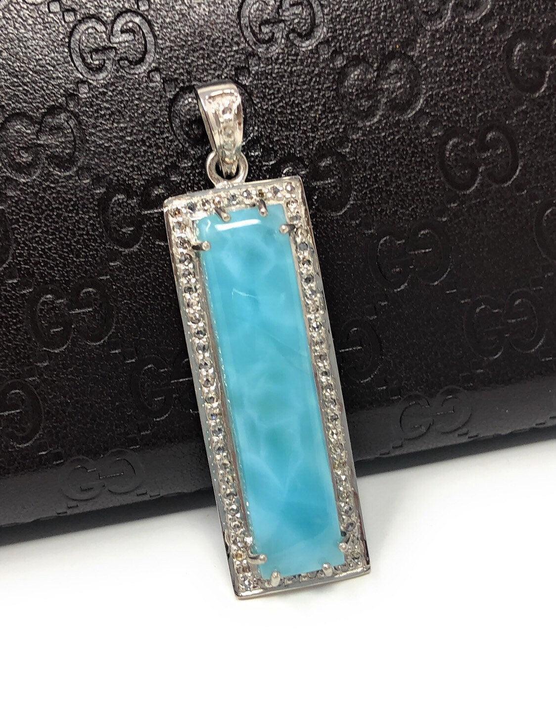 Natural Larimar Gemstone Diamond Pendant, Sterling Silver Jewelry, - VirtuousWares:Global