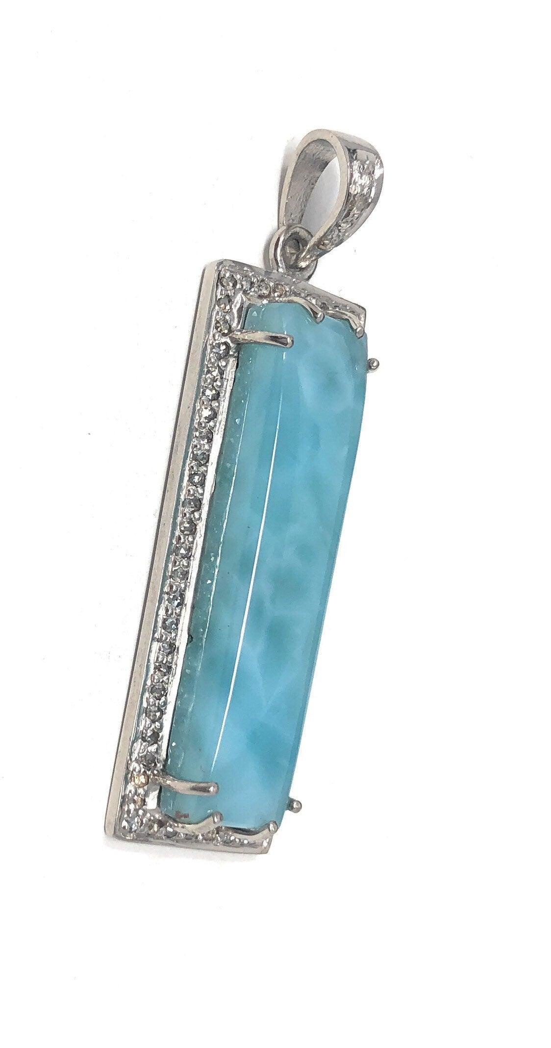 Natural Larimar Gemstone Diamond Pendant, Sterling Silver Jewelry, - VirtuousWares:Global