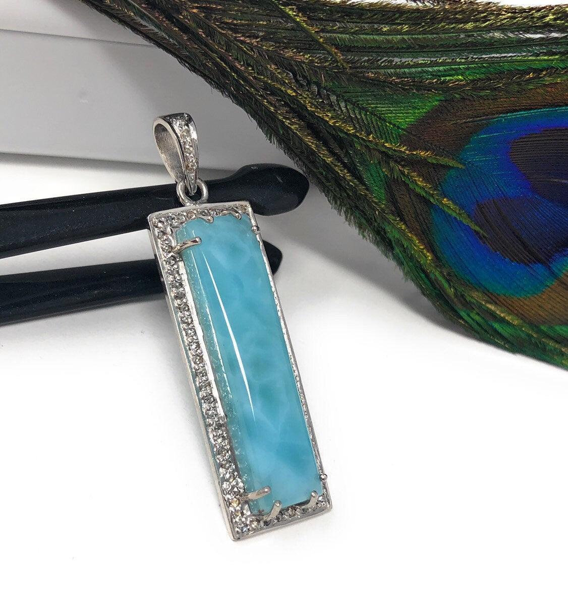 Natural Larimar Gemstone Diamond Pendant, Sterling Silver Jewelry, - VirtuousWares:Global