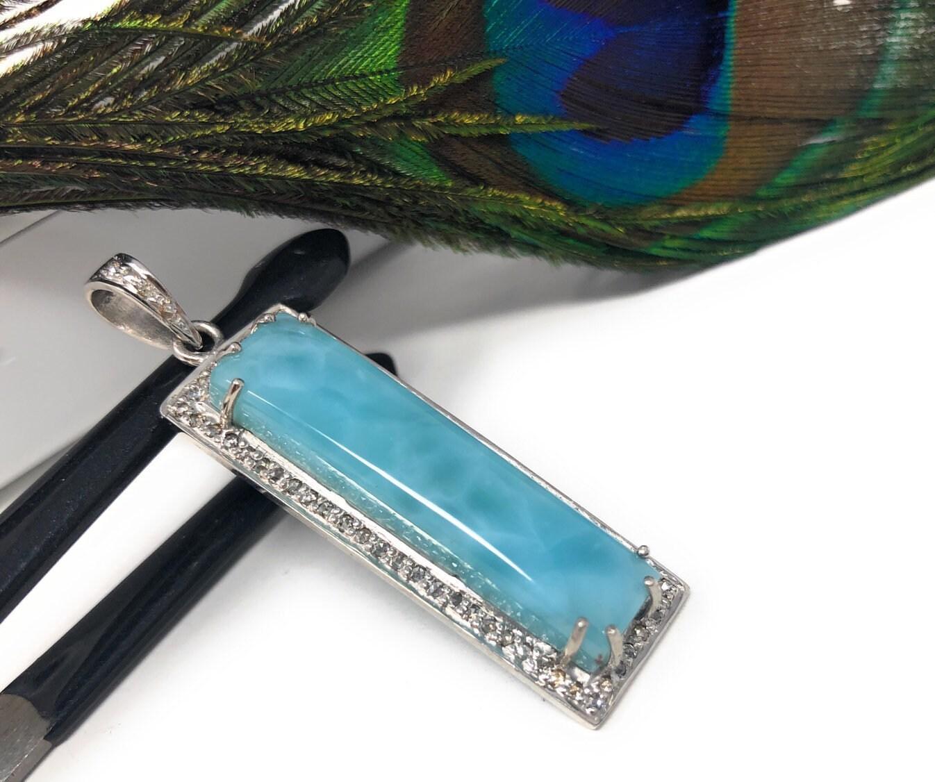 Natural Larimar Gemstone Diamond Pendant, Sterling Silver Jewelry, - VirtuousWares:Global