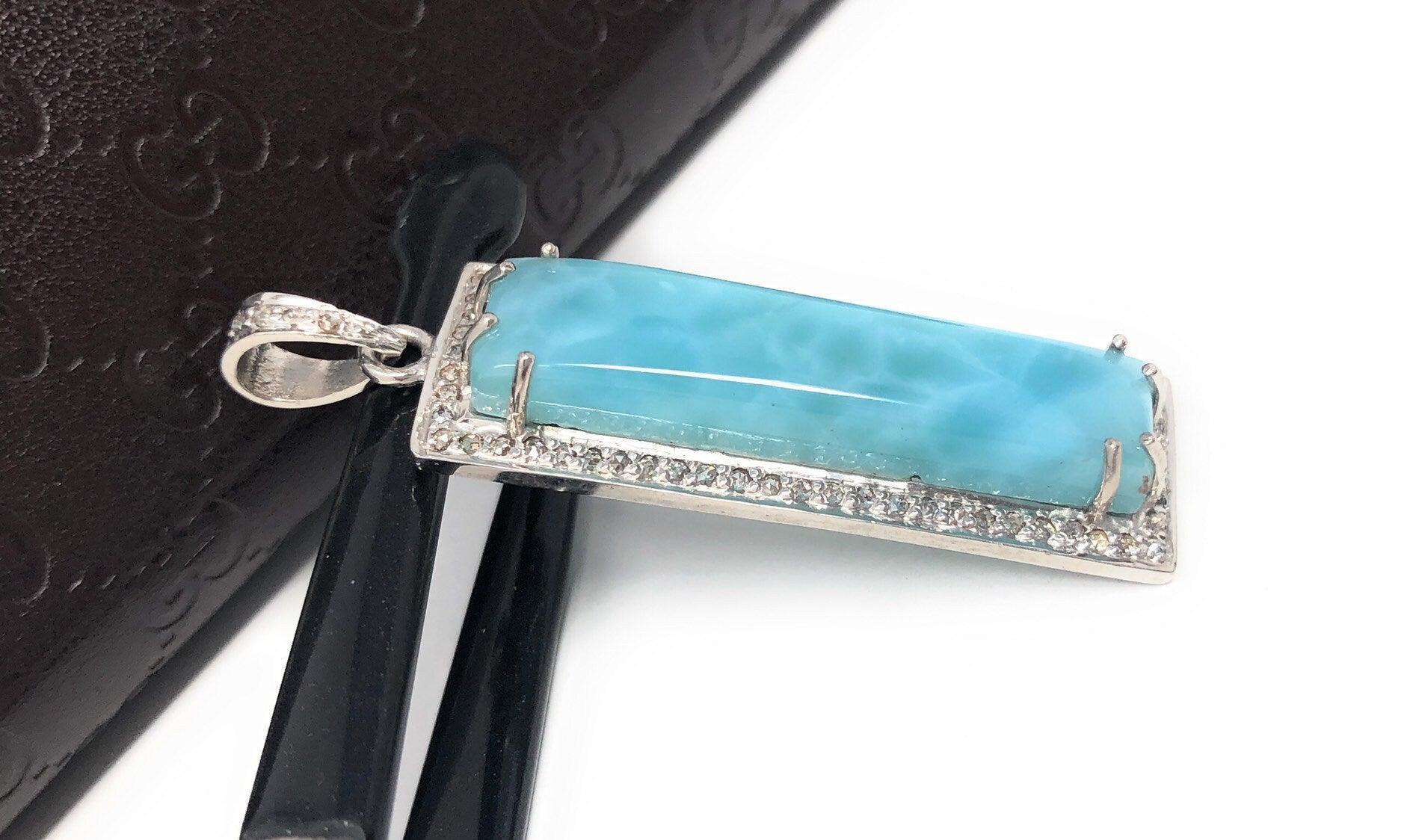 Natural Larimar Gemstone Diamond Pendant, Sterling Silver Jewelry, - VirtuousWares:Global