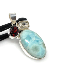 Natural Larimar with Garnet and Golden Rutile Gemstone Pendant, Sterli - VirtuousWares:Global