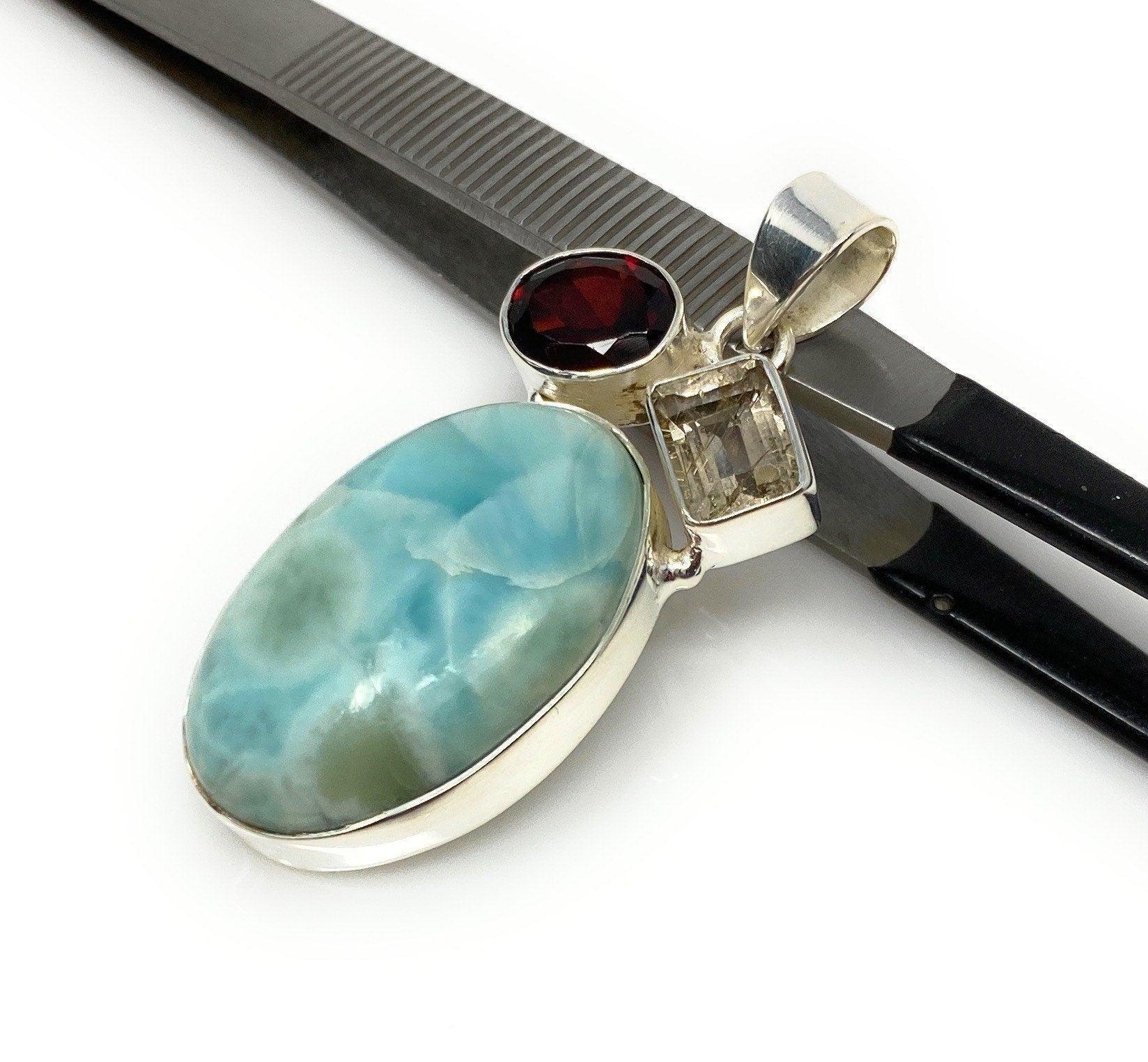 Natural Larimar with Garnet and Golden Rutile Gemstone Pendant, Sterli - VirtuousWares:Global