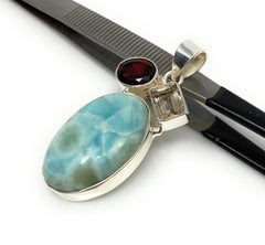 Natural Larimar with Garnet and Golden Rutile Gemstone Pendant, Sterli - VirtuousWares:Global