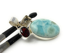 Natural Larimar with Garnet and Golden Rutile Gemstone Pendant, Sterli - VirtuousWares:Global