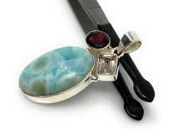 Natural Larimar with Garnet and Golden Rutile Gemstone Pendant, Sterli - VirtuousWares:Global