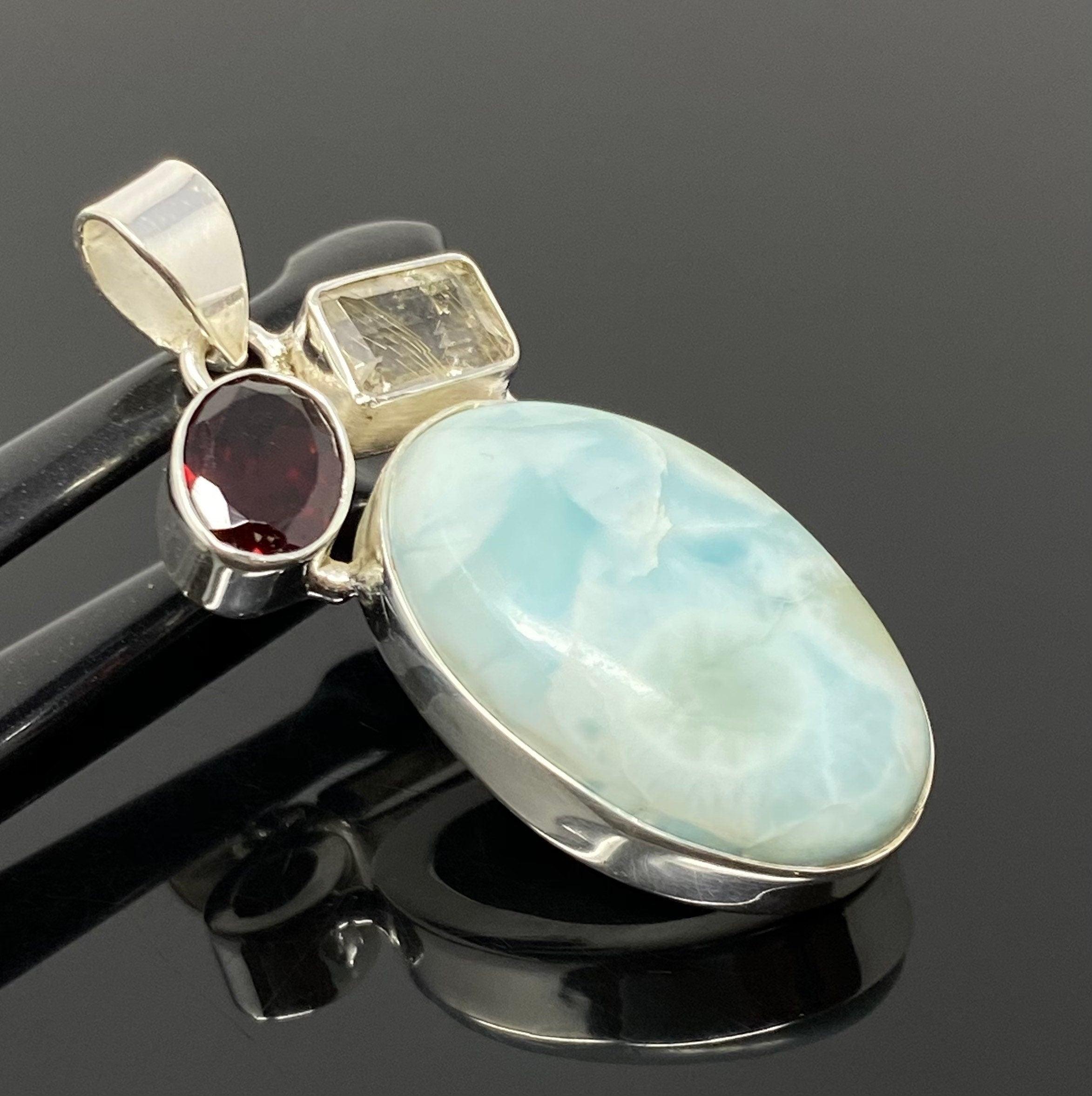 Natural Larimar with Garnet and Golden Rutile Gemstone Pendant, Sterli - VirtuousWares:Global