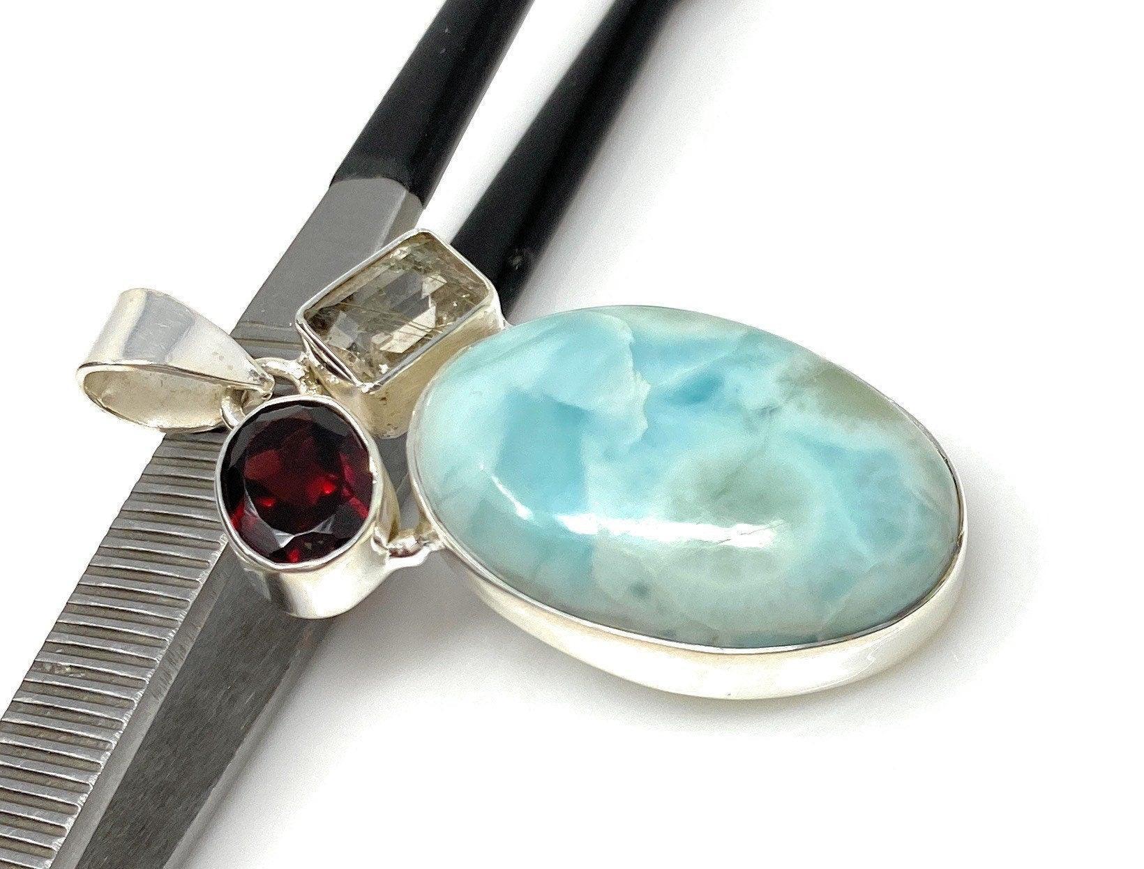 Natural Larimar with Garnet and Golden Rutile Gemstone Pendant, Sterli - VirtuousWares:Global