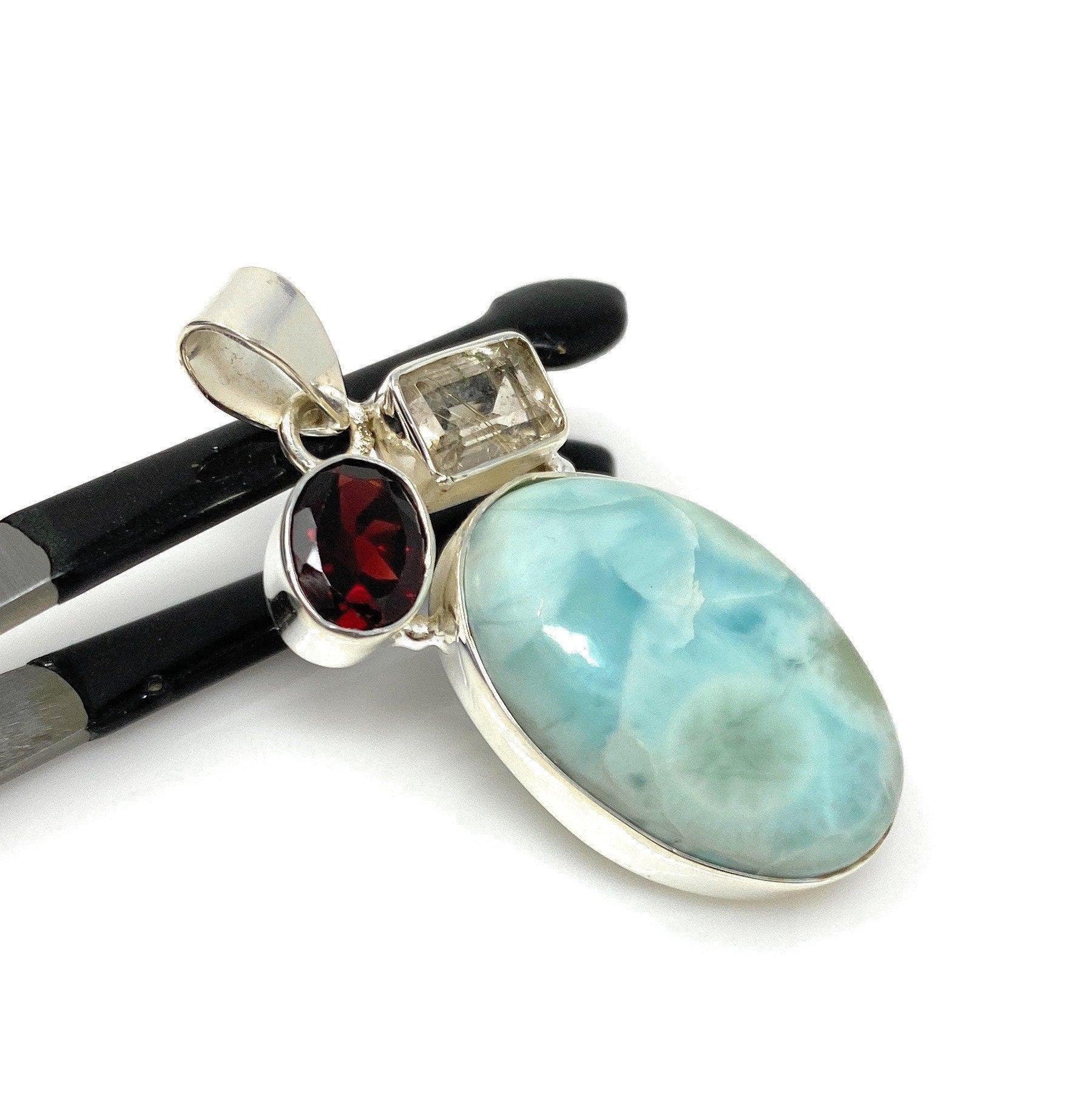Natural Larimar with Garnet and Golden Rutile Gemstone Pendant, Sterli - VirtuousWares:Global