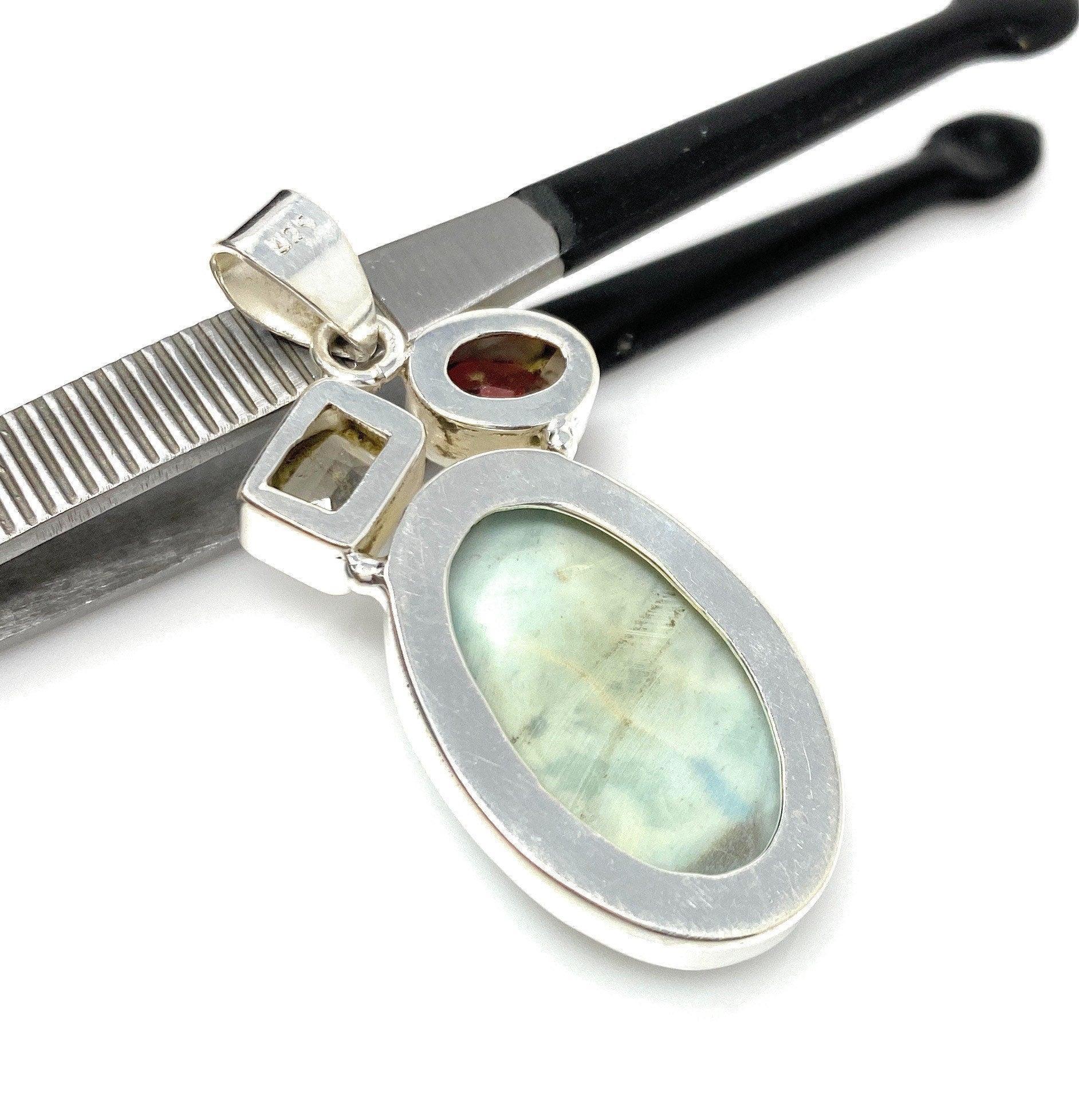 Natural Larimar with Garnet and Golden Rutile Gemstone Pendant, Sterli - VirtuousWares:Global