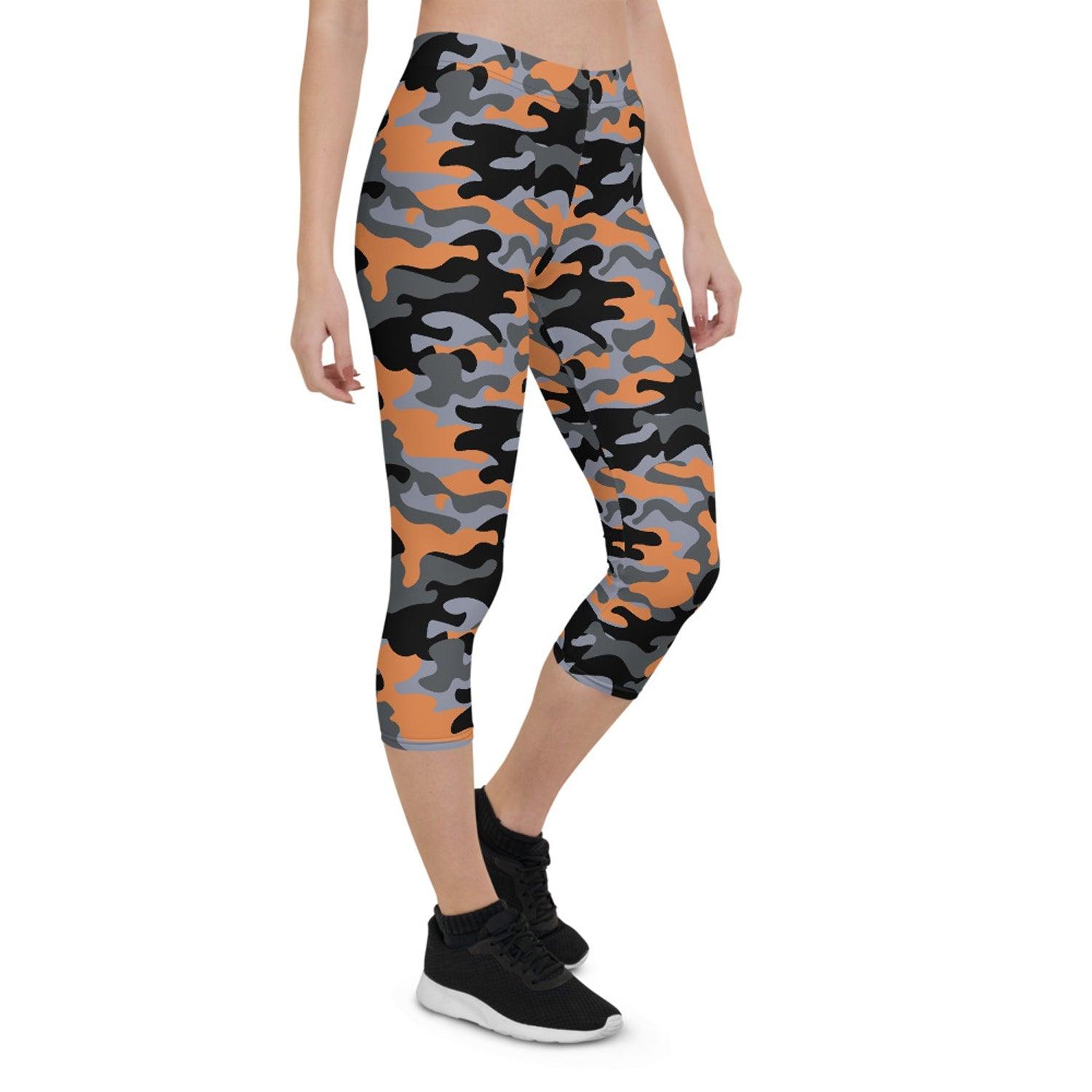 Orange and Gray Camo Capri Leggings for Women - VirtuousWares:Global