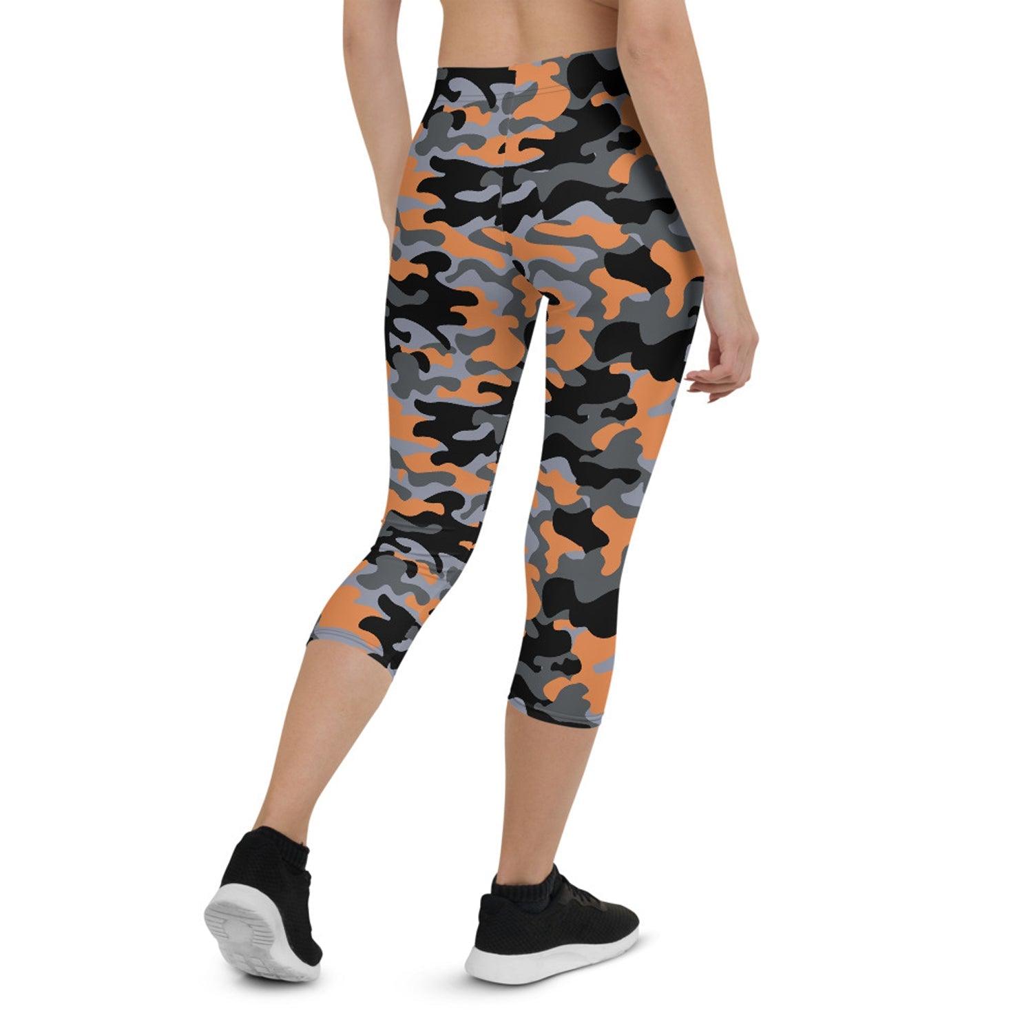 Orange and Gray Camo Capri Leggings for Women - VirtuousWares:Global