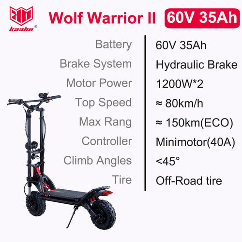 Original Kaabo Wolf Warrior Scooter 11 Scooter 26Ah 60V 35Ah 1200W*2 Dual Motor - VirtuousWares:Global