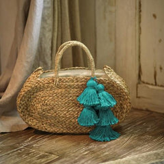 Oval Luna Straw Tote Bag - with Cerulean Blue Tassels - VirtuousWares:Global