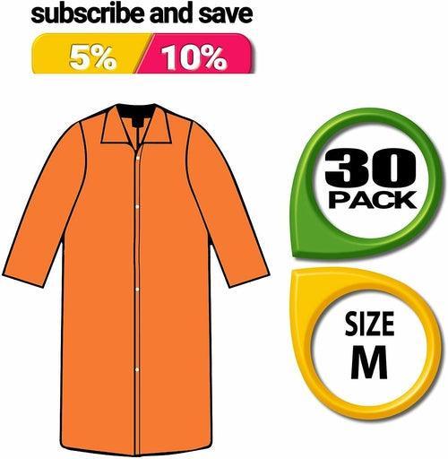 Pack of 30 Orange Lab Jackets. M size. Elastic Wrists, 4 Snap Front, - VirtuousWares:Global